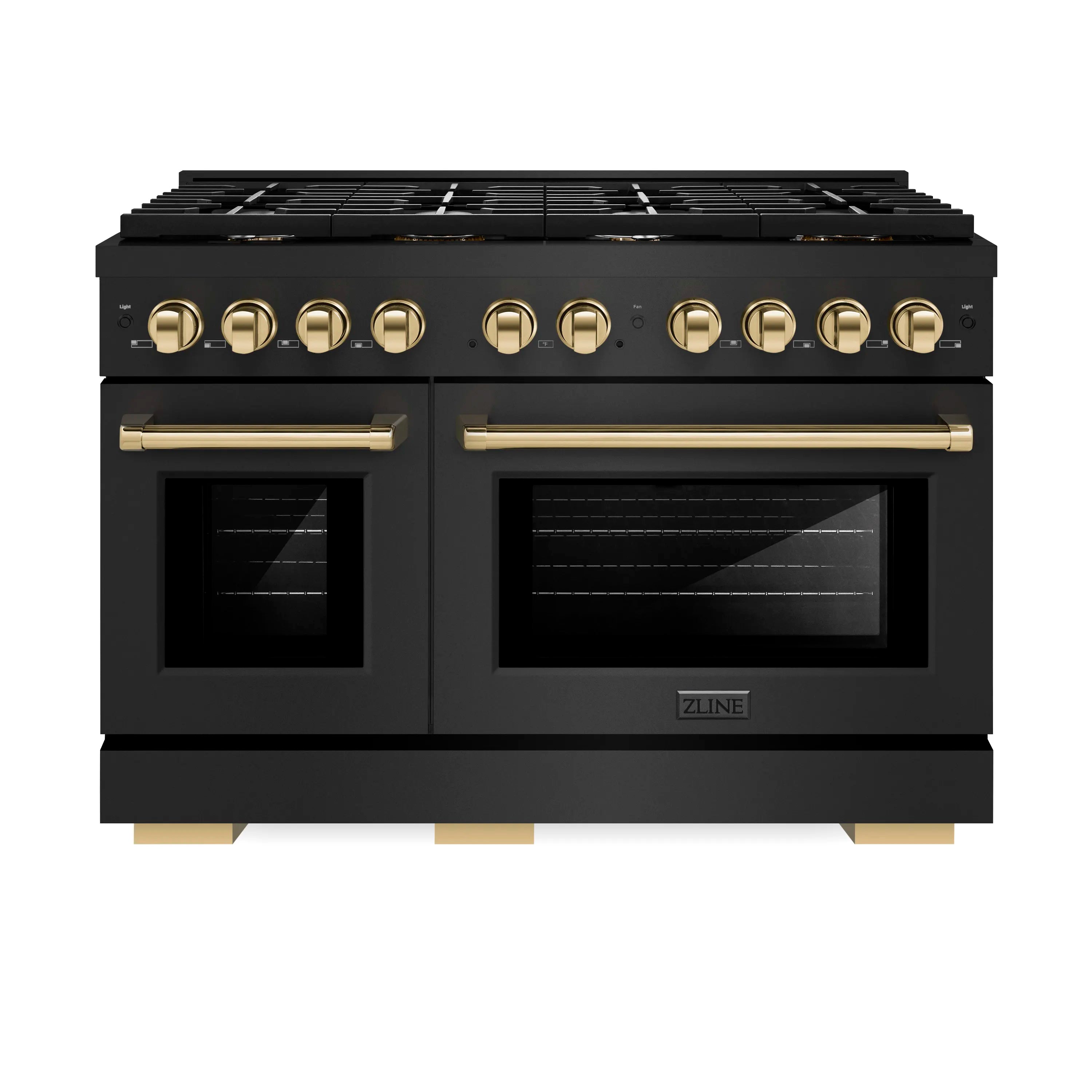 Black dual fuel range with two ovens, gold knobs and handles, gas cooktop
