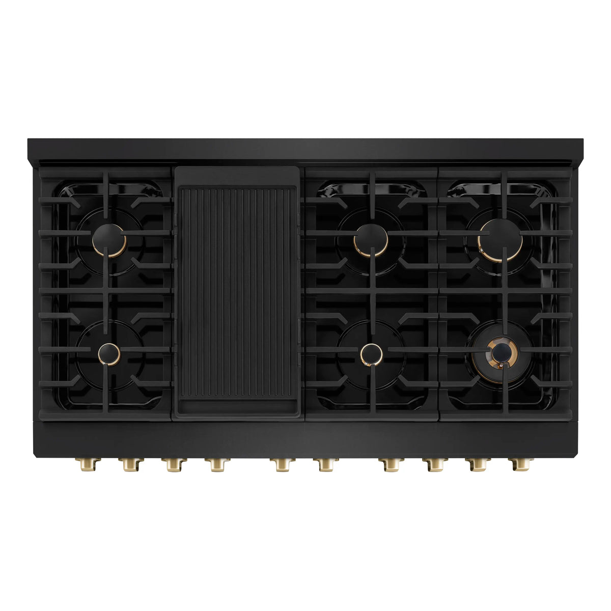 Black gas cooktop underside with burner heads and grates, gold accents