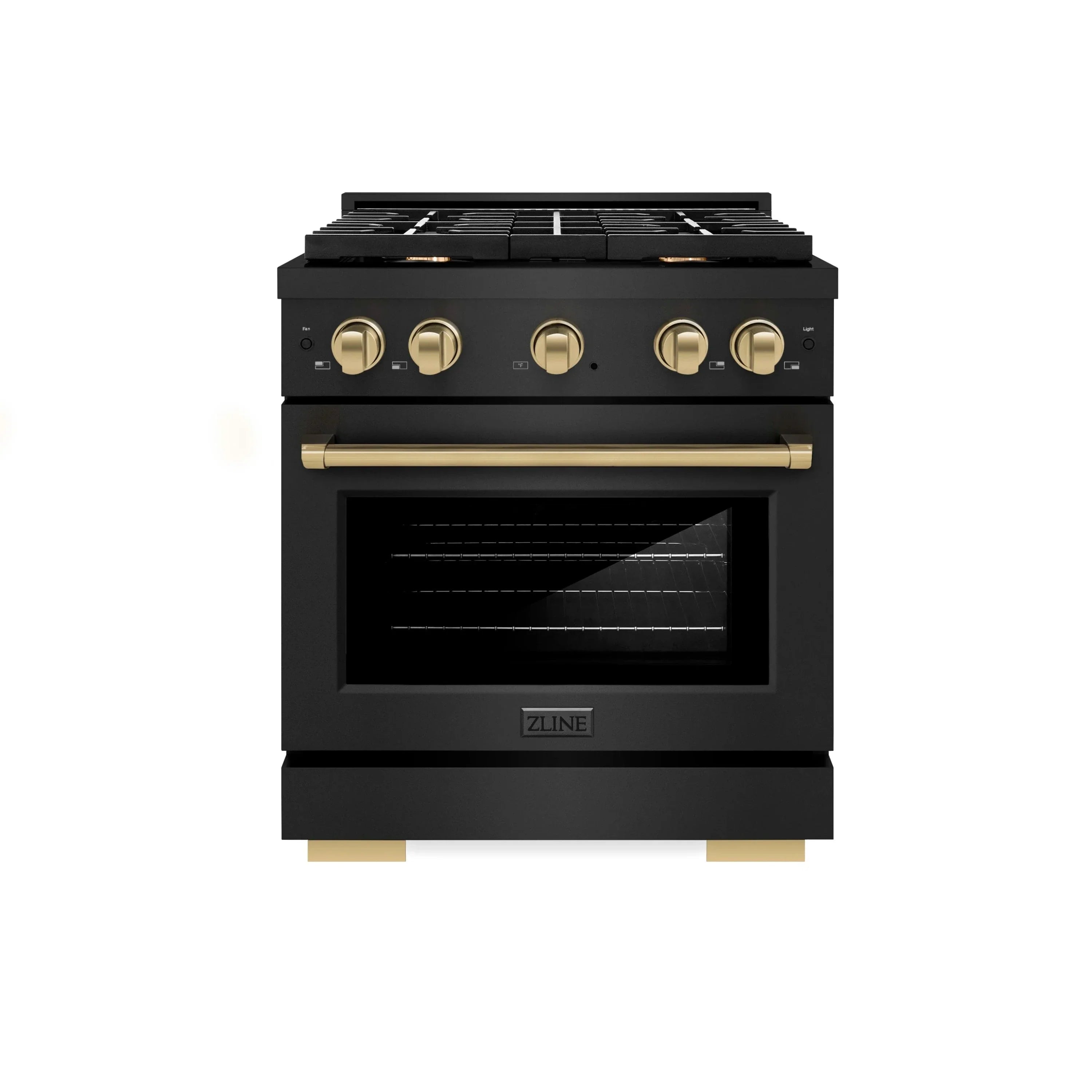 Black gas range with gold control knobs and arched oven handle
