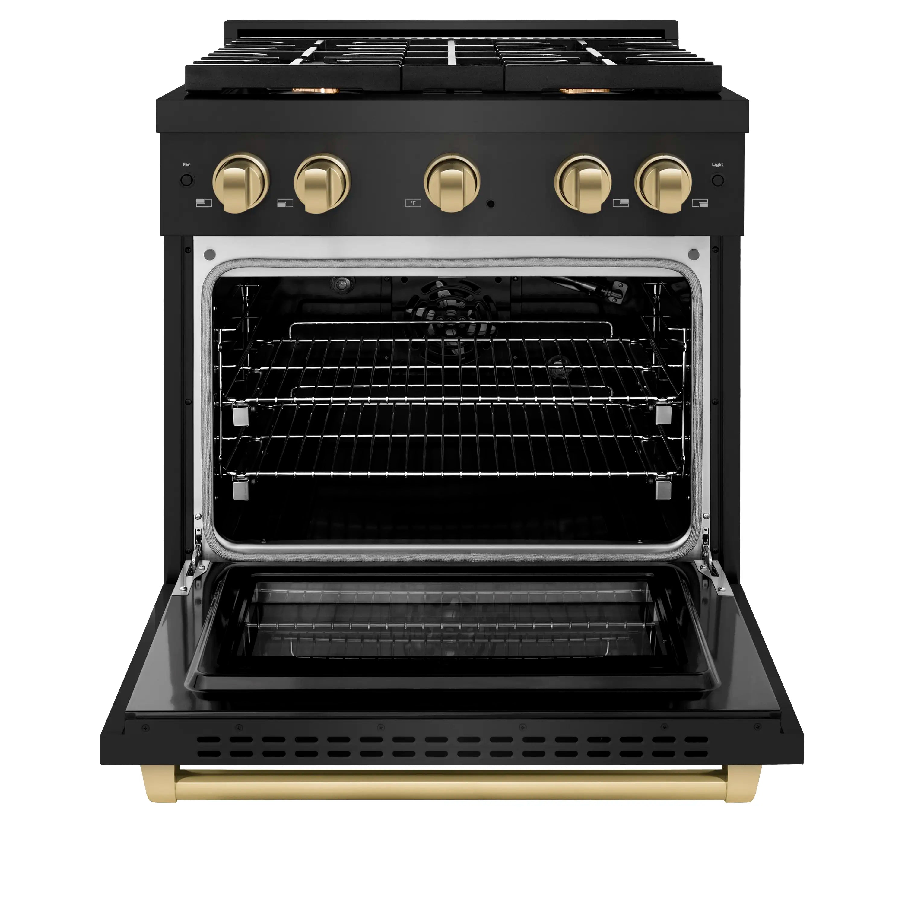 Black gas oven door open showing interior rack and convection fan area