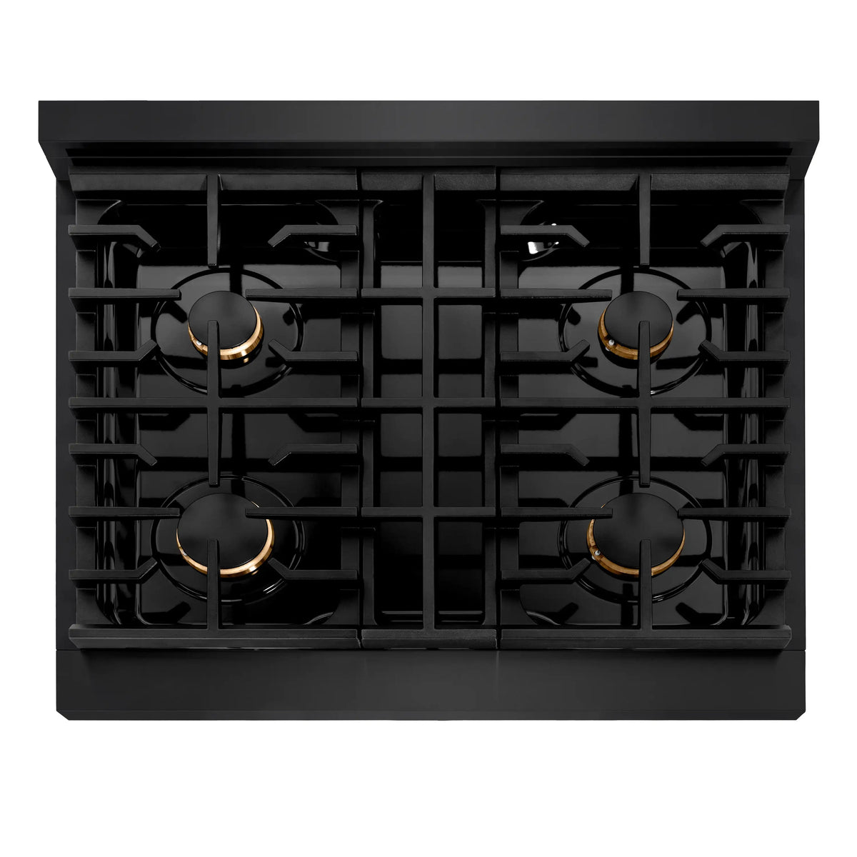 Black cooktop with four cast grates and champagne bronze burner caps