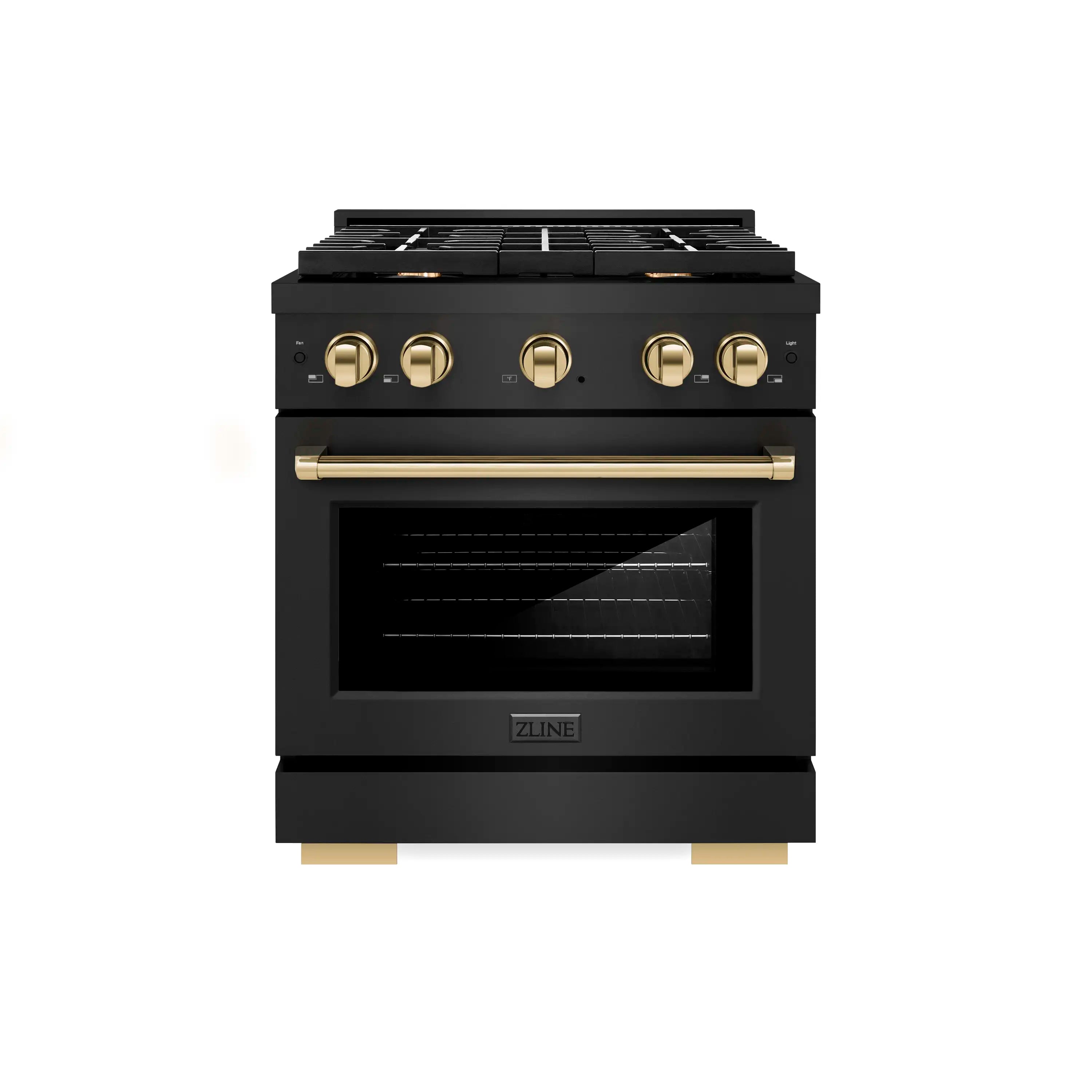 Front view of black gas range with gold handle bar and oven door window