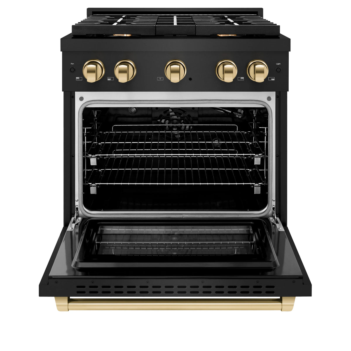 Black gas range with open oven door showing wire racks and baking compartment