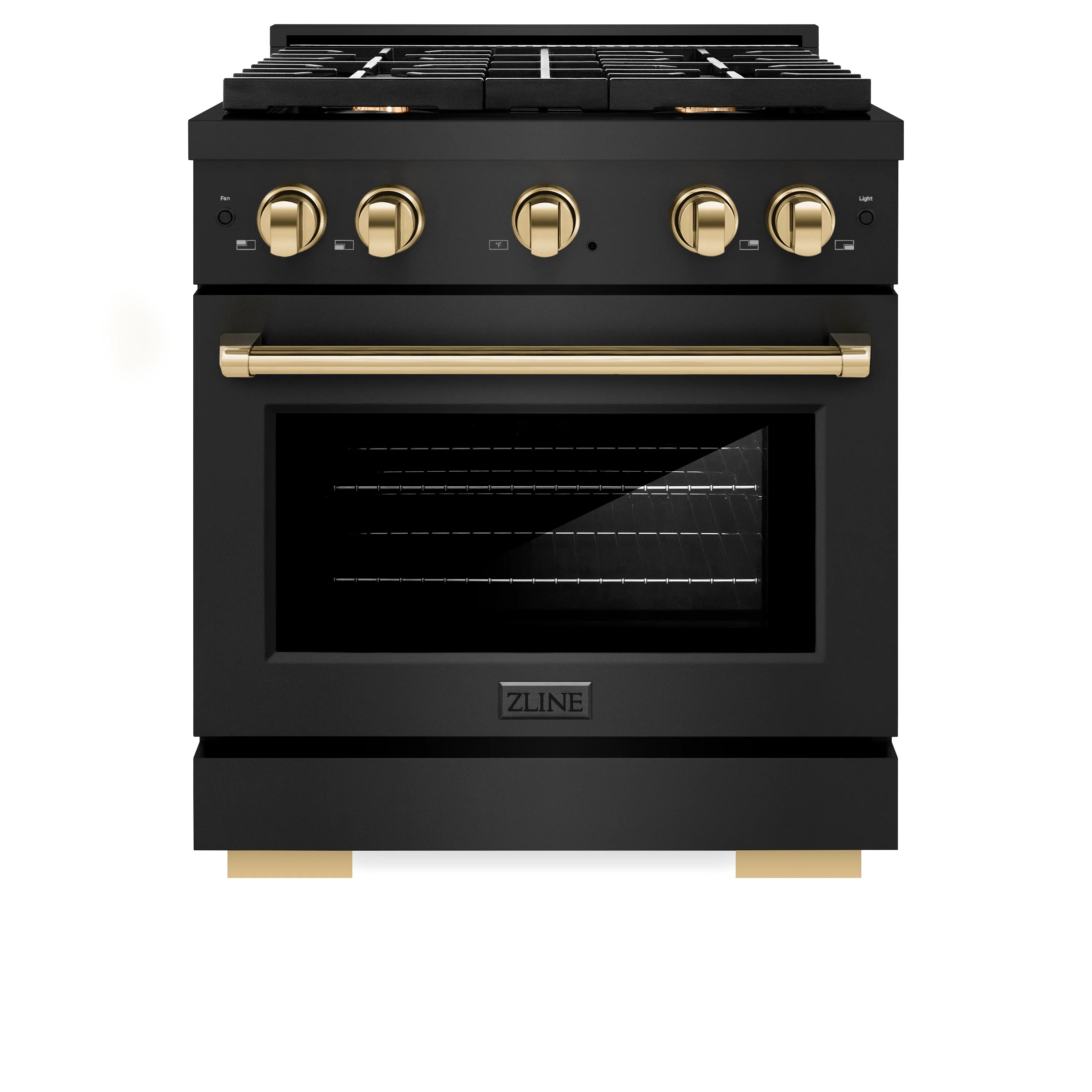 Black gas range with gold-trimmed control knobs and glass oven door