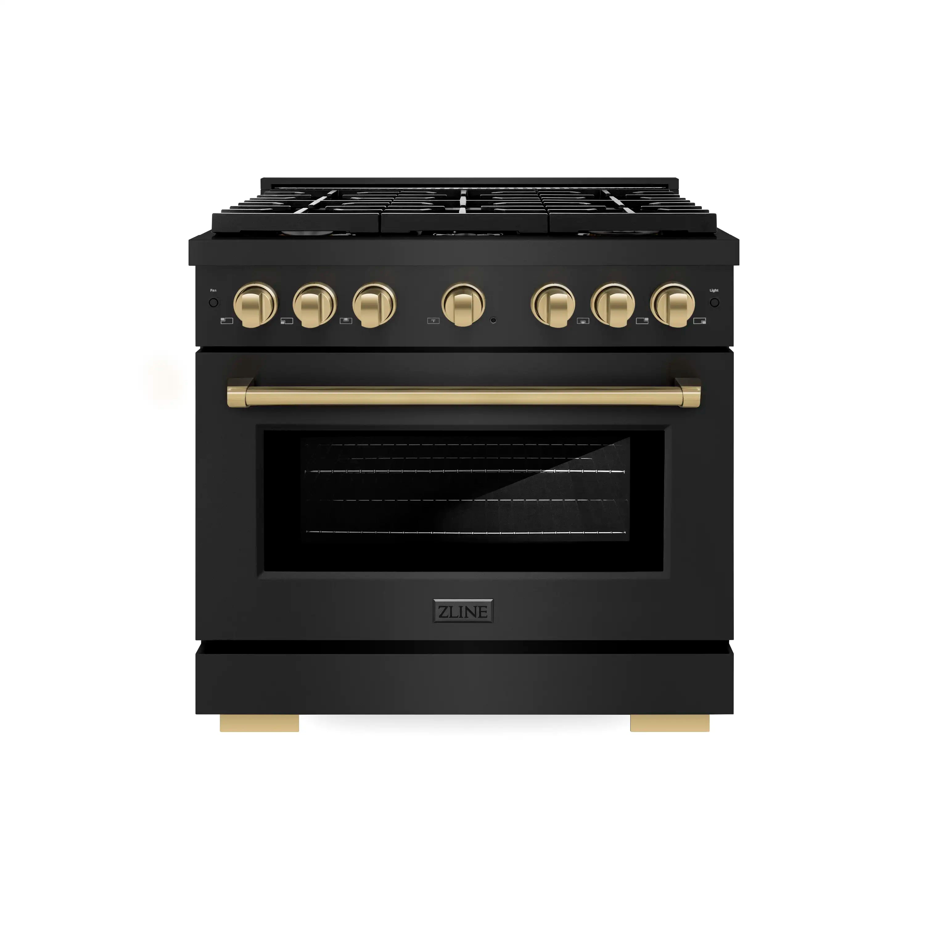 Black stainless gas range with gold control knobs and convection oven window