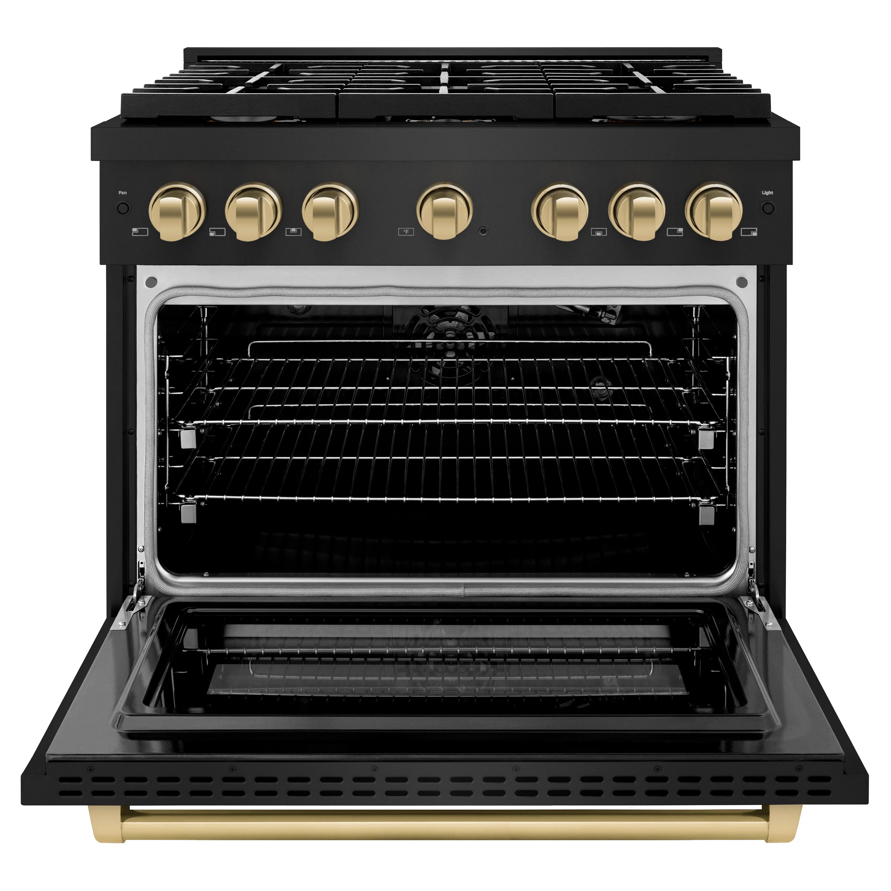 36-inch black gas range with oven door open, showing interior racks
