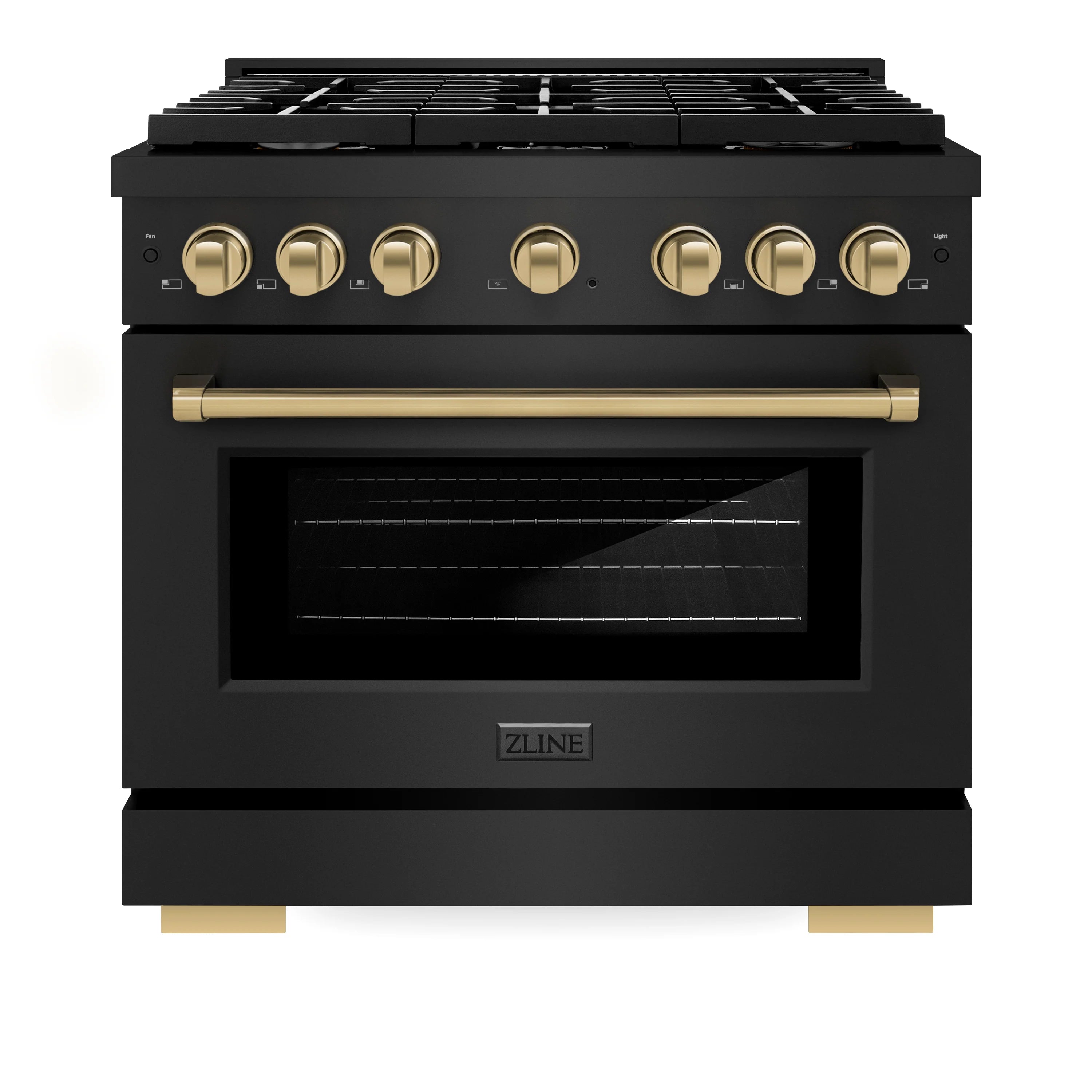 36-inch black gas range front with gold control knobs and oven door handle