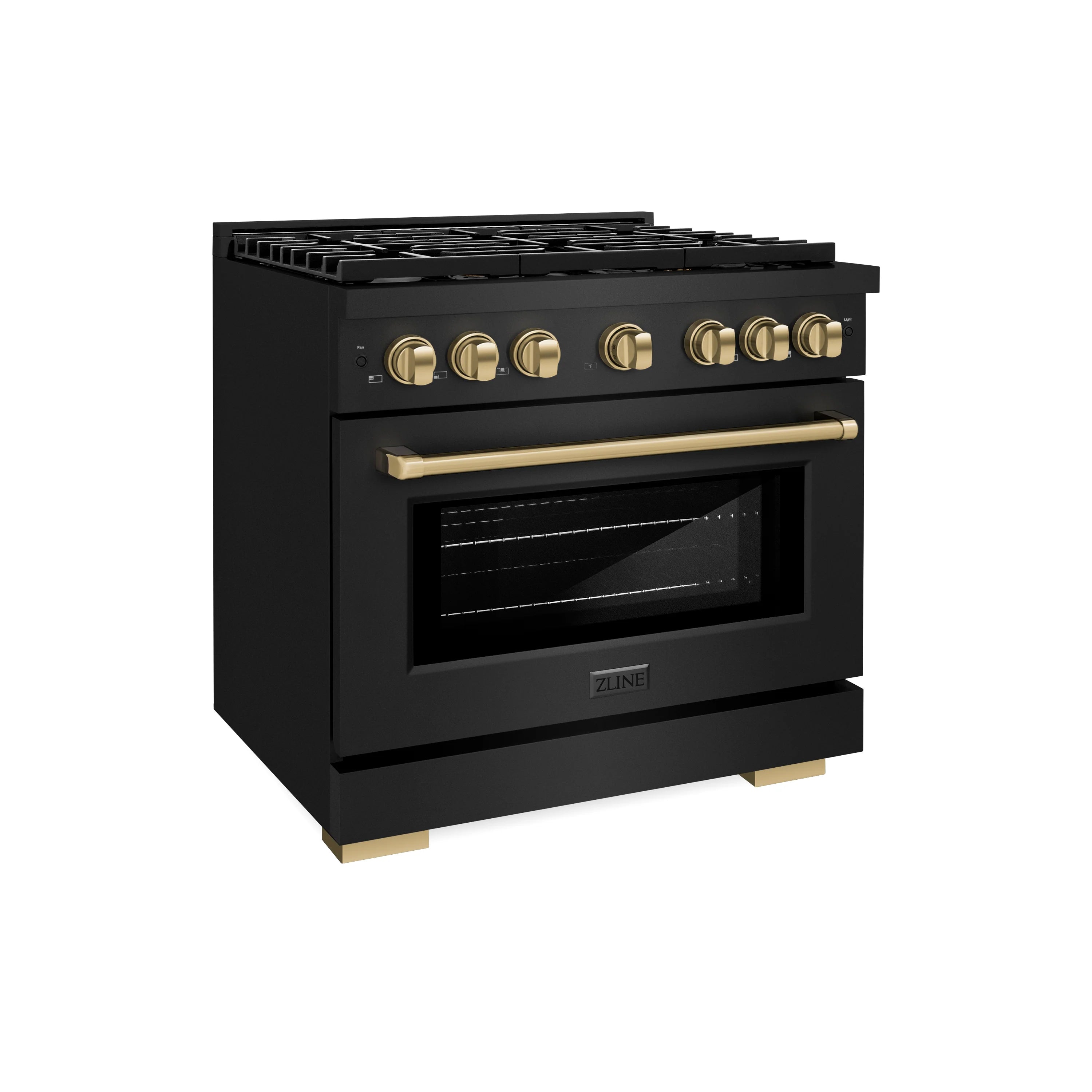 36-inch black gas range side view with gold control knobs and trim