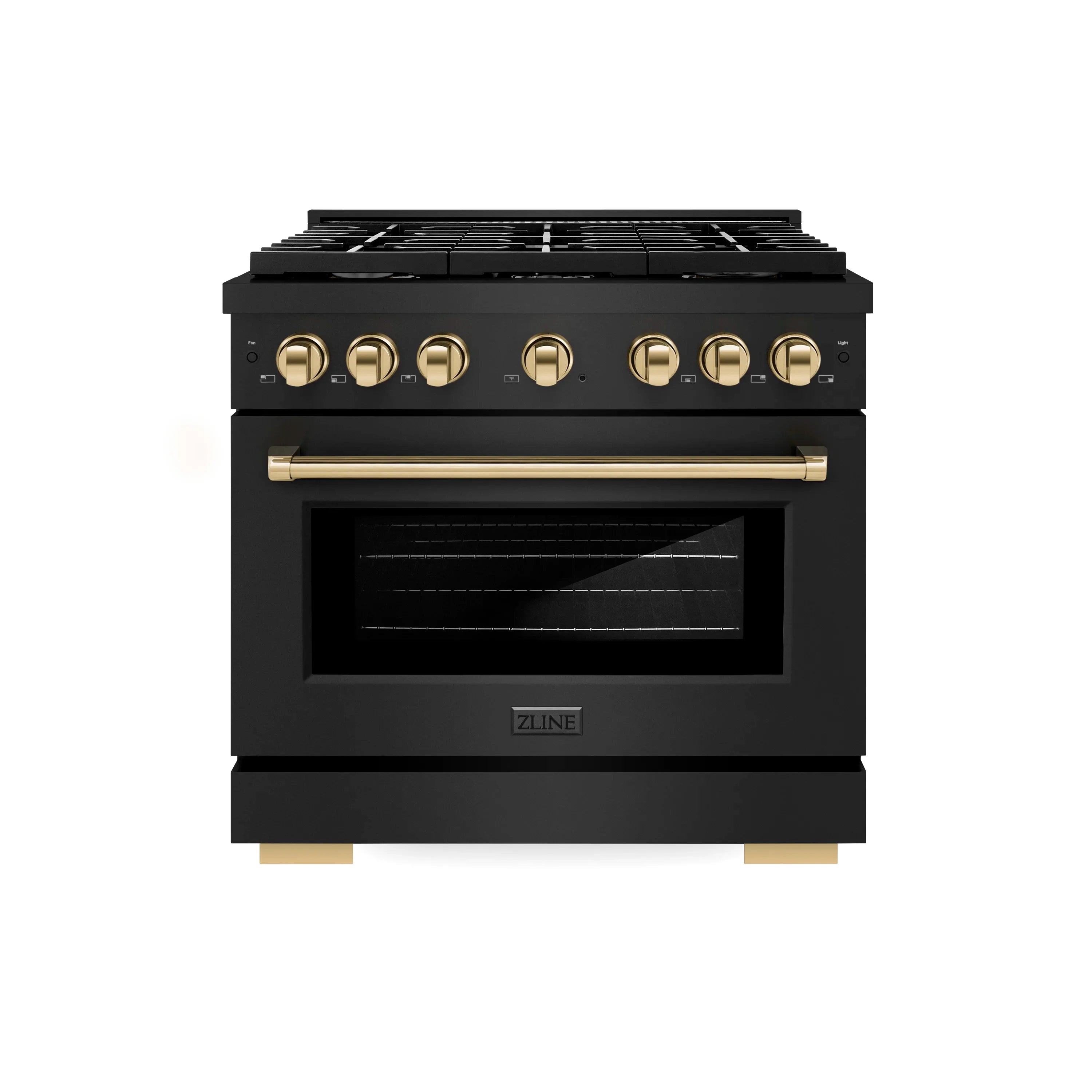 Black gas range with gold control knobs and door handle, built-in oven