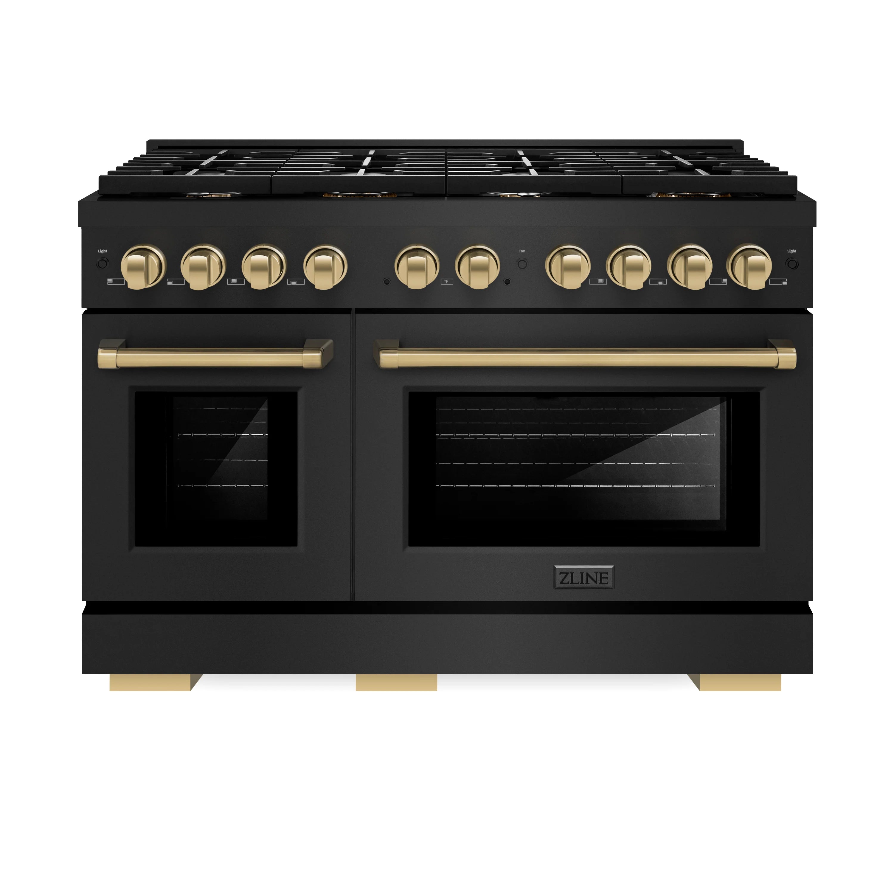 Black gas range with dual ovens, brass control knobs, and bronze handle accents