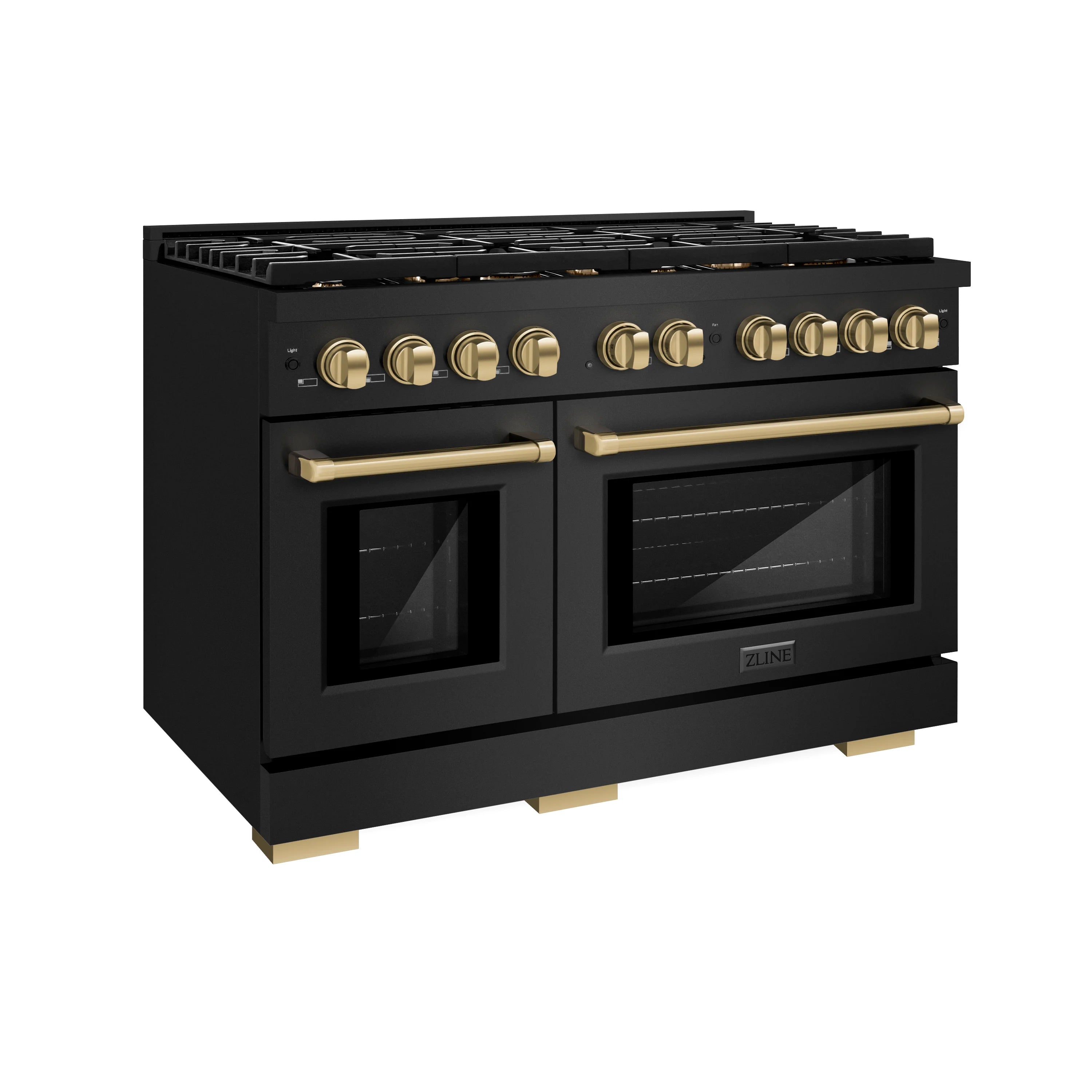Black gas range side view with brass knobs, bronze handles, and top grates