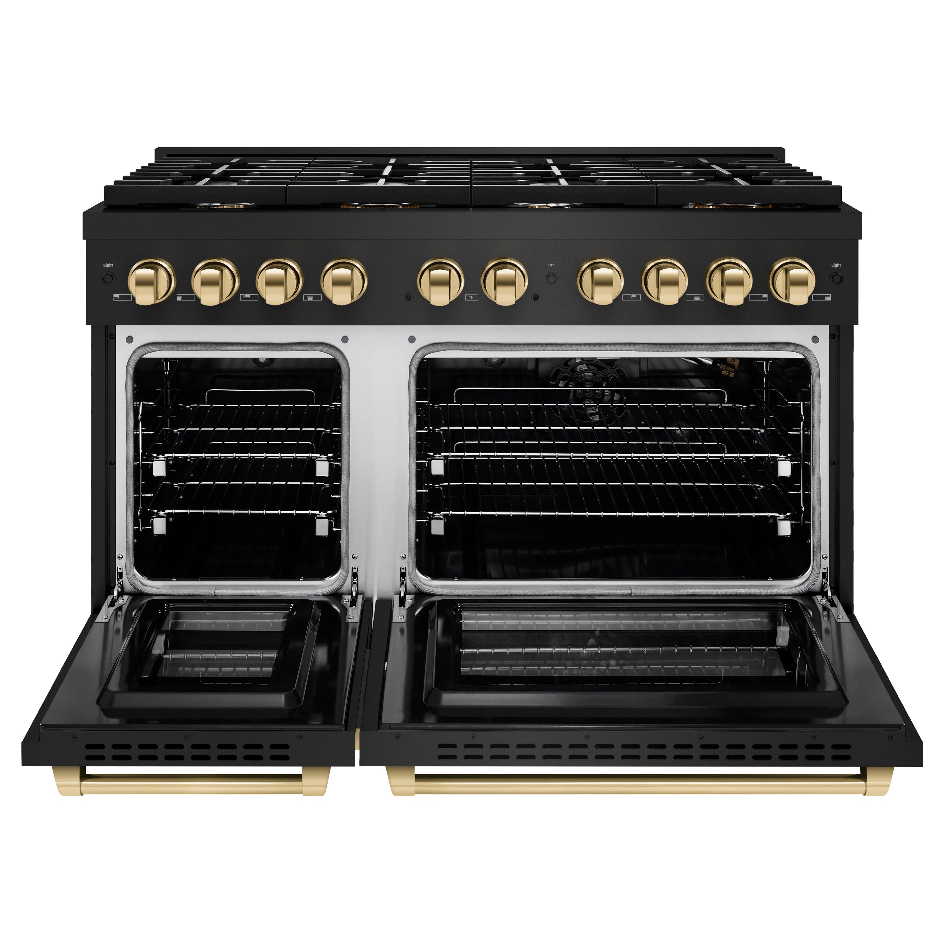 Black gas range with both ovens open, racks visible and gold trim handles