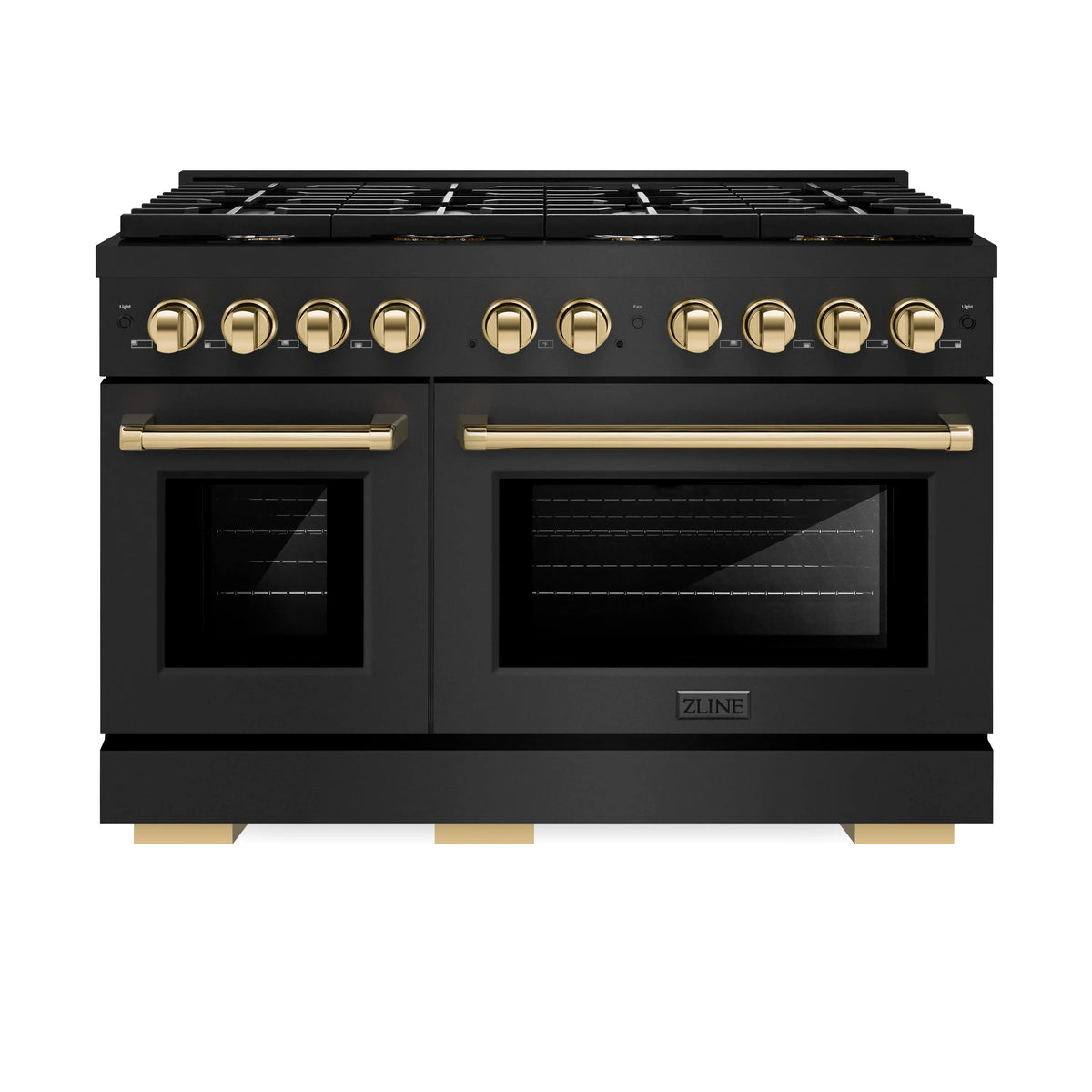 ZLINE 4-Piece Appliance Package - 48-Inch Paramount Gas Range, Refrigerator, Dishwasher, and 24-Inch Microwave Drawer in Black Stainless Steel with Gold Accents
