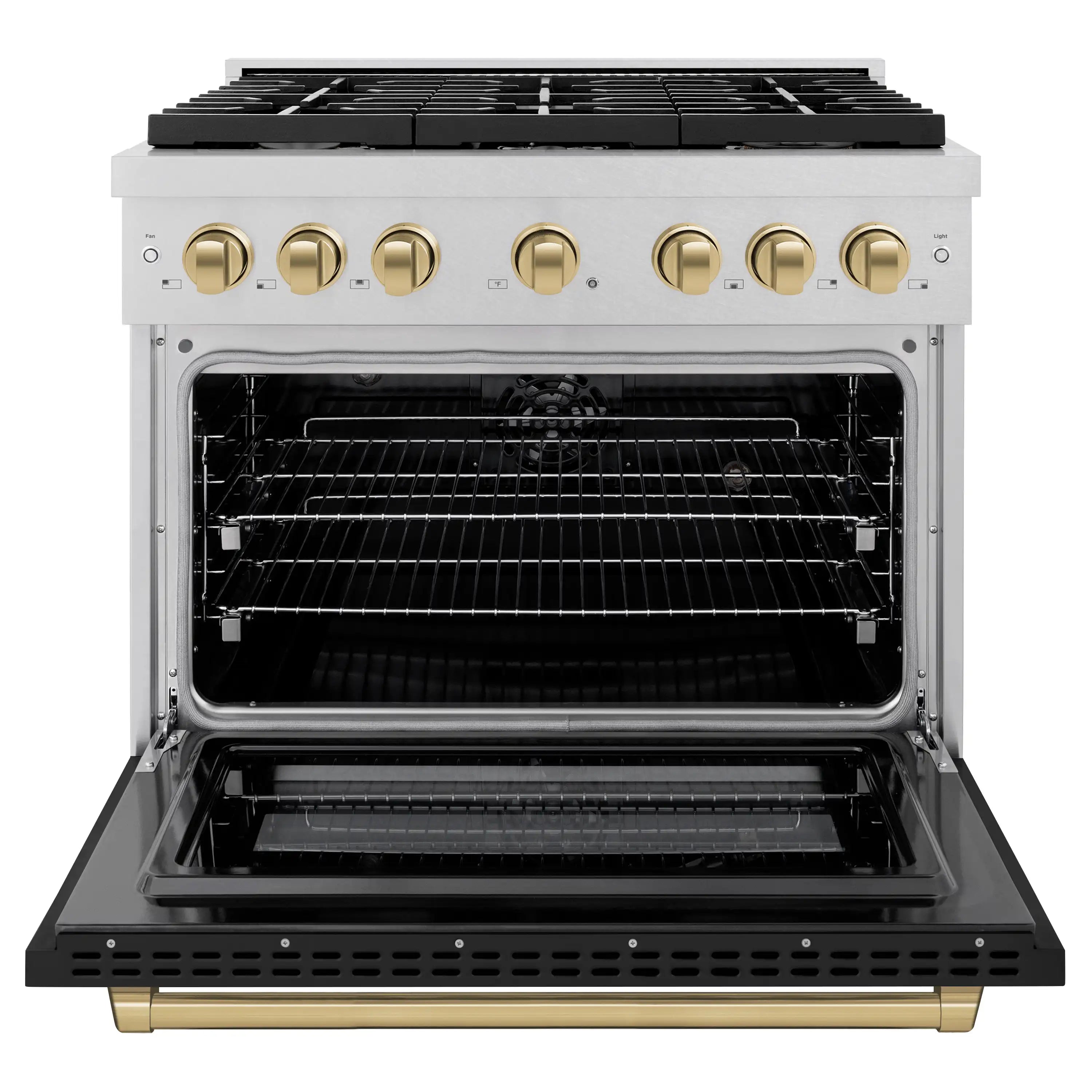 Dual fuel range with oven door open, showing racks and empty cooking cavity