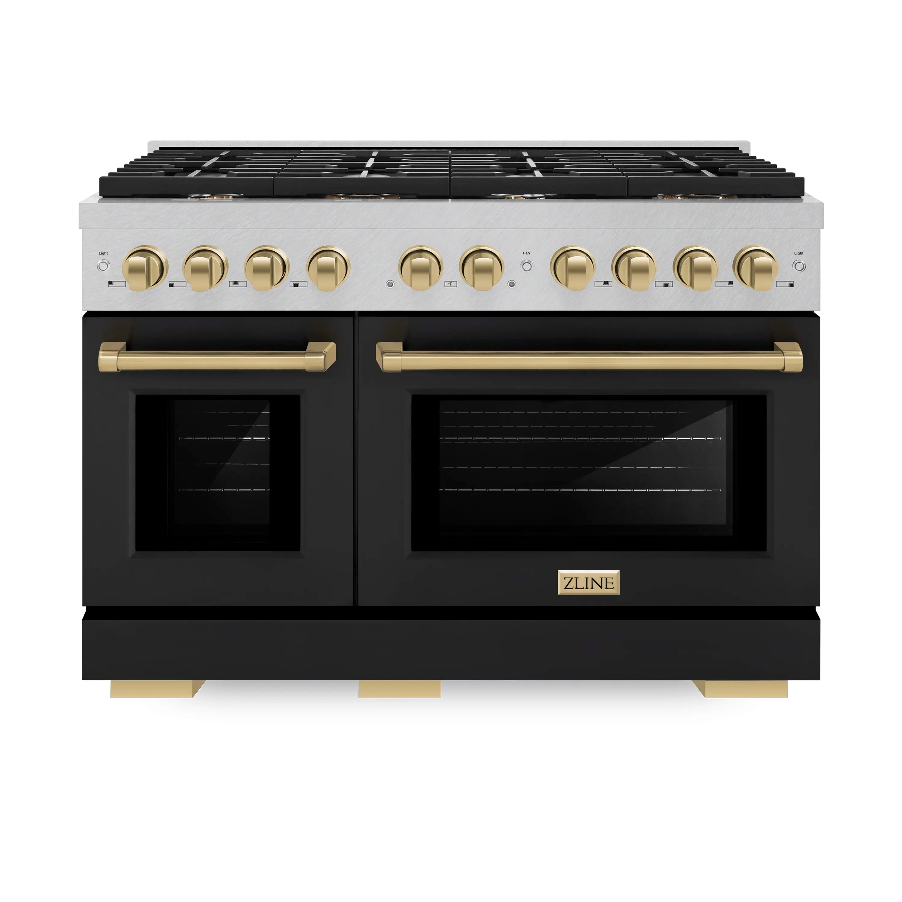 Satin stainless dual oven range with black matte doors and champagne bronze handles