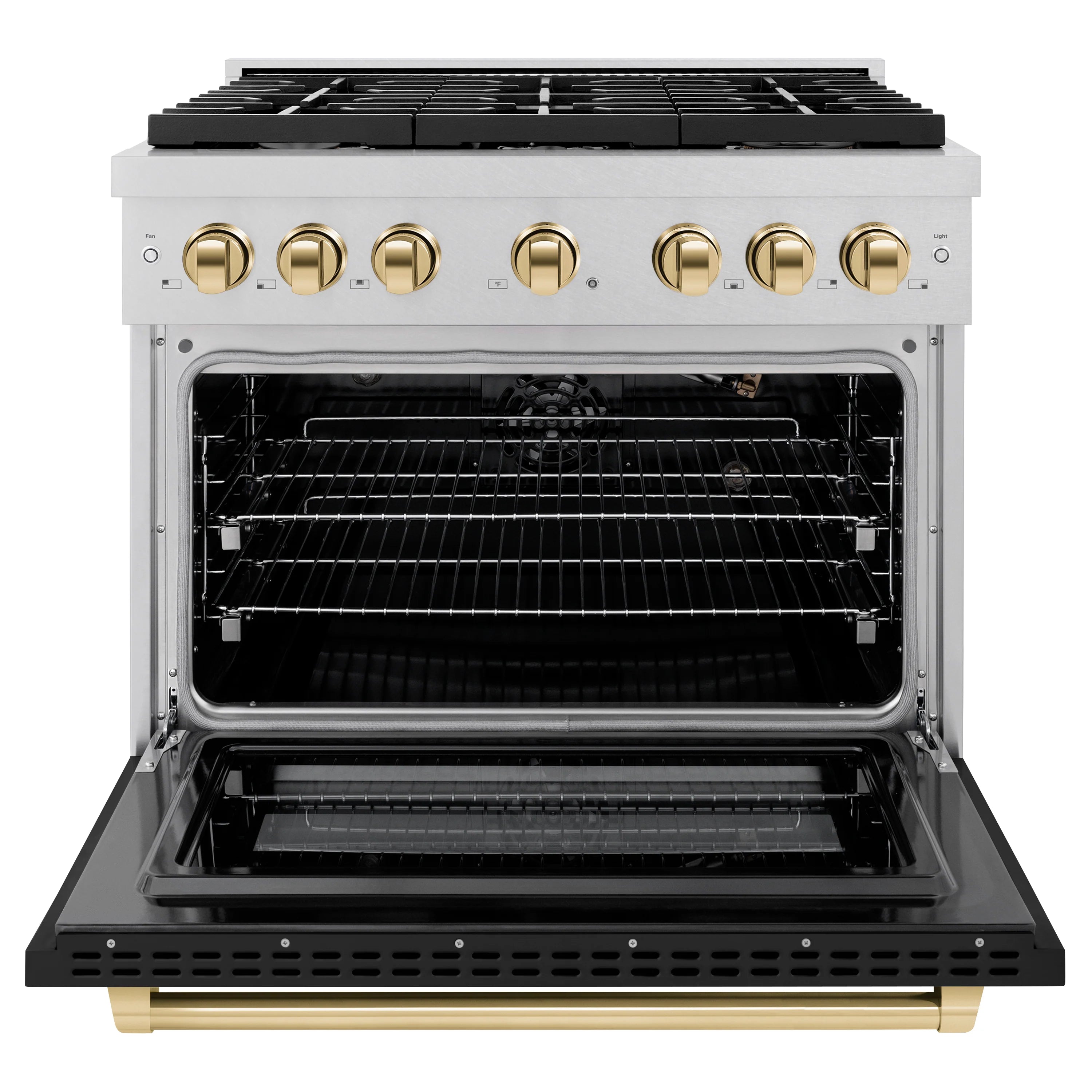 Gas range oven open with racks installed and stainless cavity with black door frame