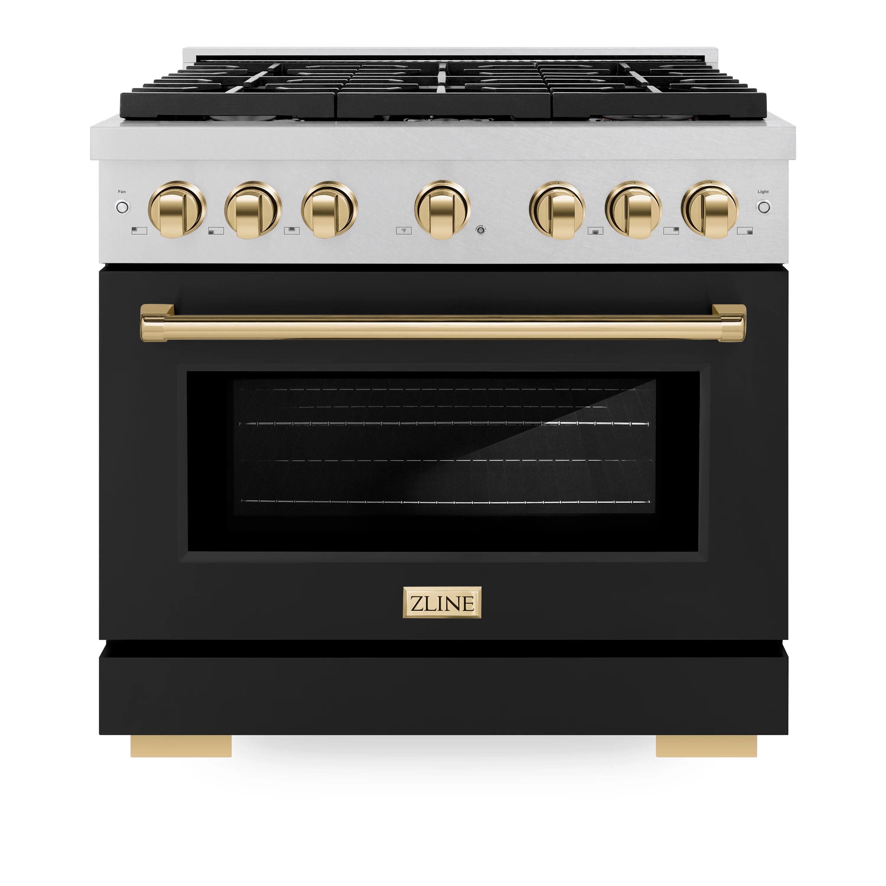 ZLINE gas range front view with stainless control panel, gold knobs, and black oven
