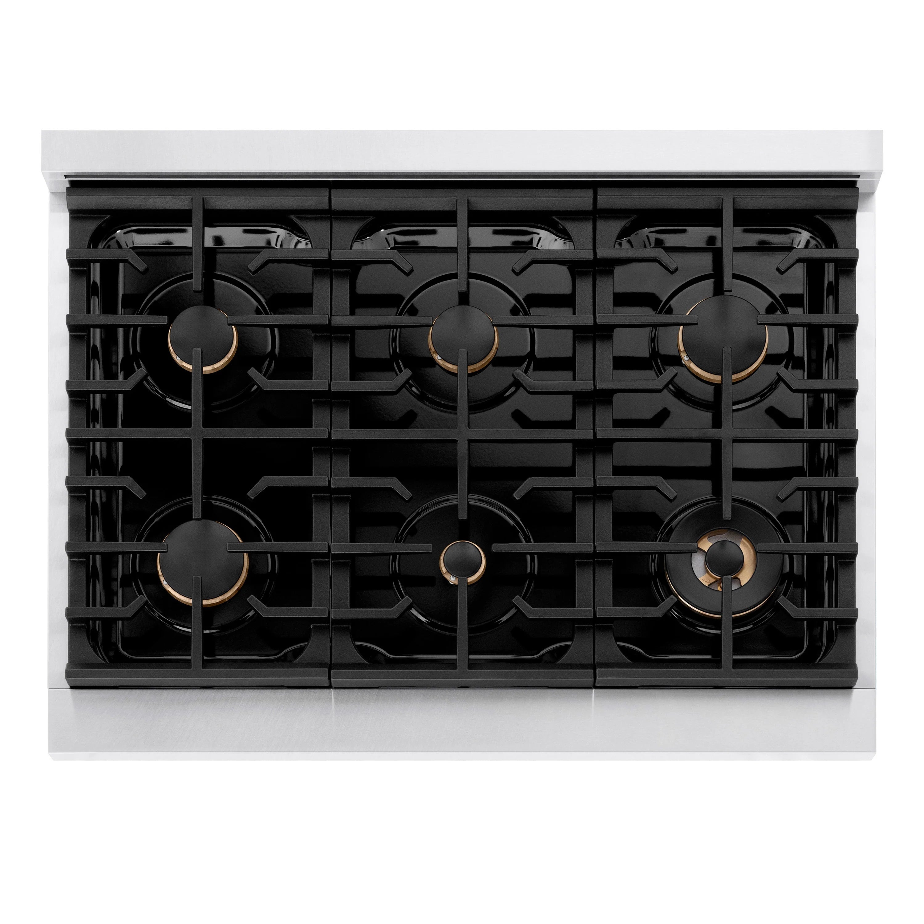 Gas range cooktop with six black burners and matte grates for heavy cookware