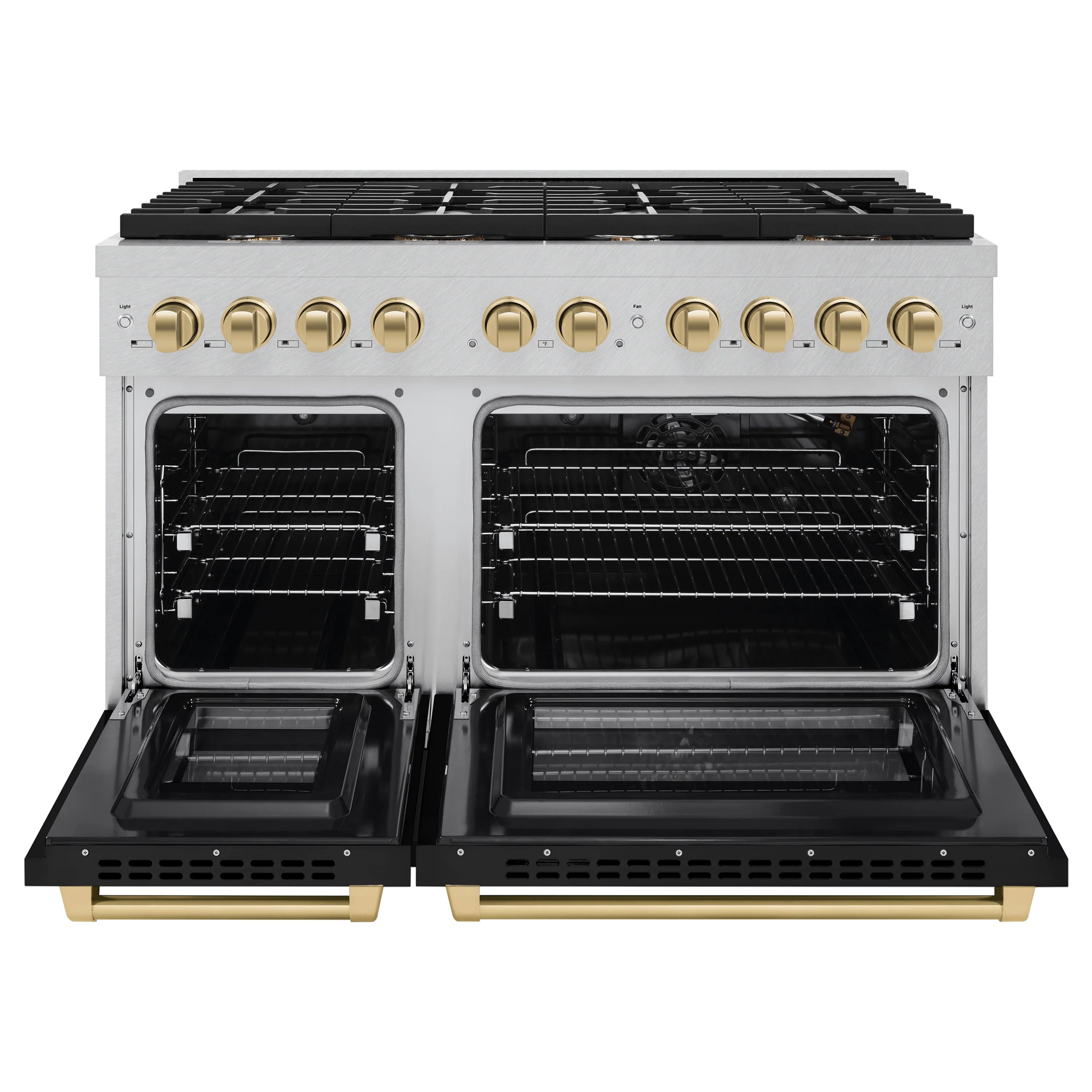 Gas range open double oven with wire racks, black interiors, champagne bronze trim