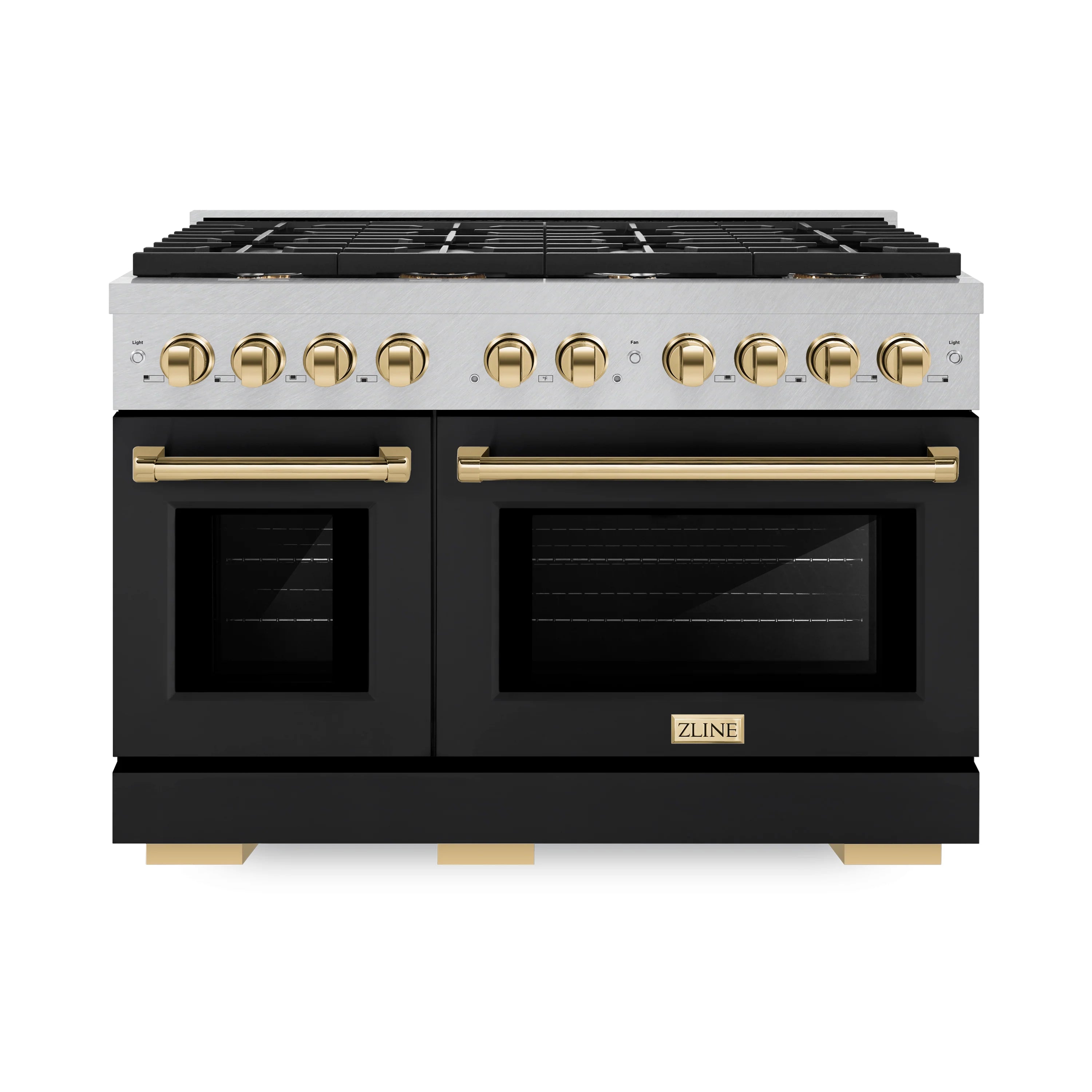 Black matte gas range with double oven doors and champagne bronze control knobs