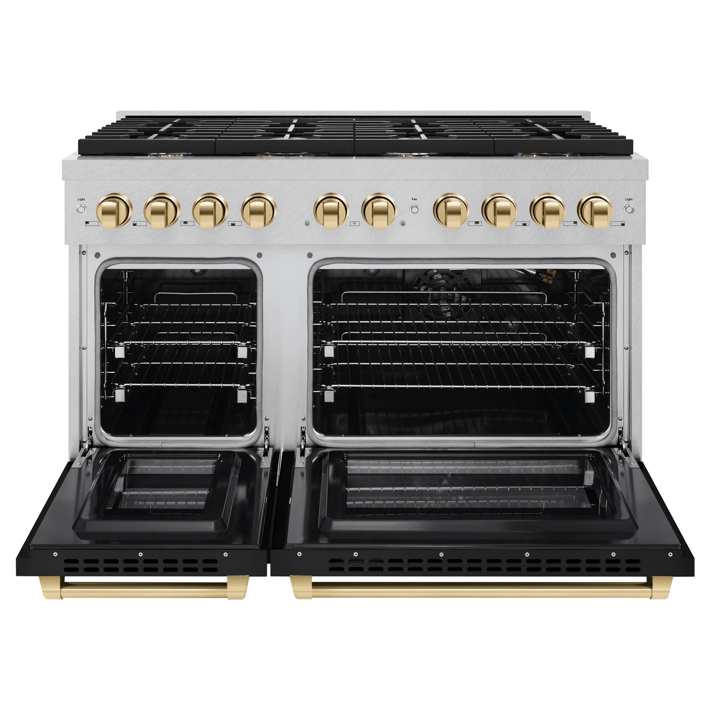 Open double oven gas range with black interiors and champagne bronze control panel