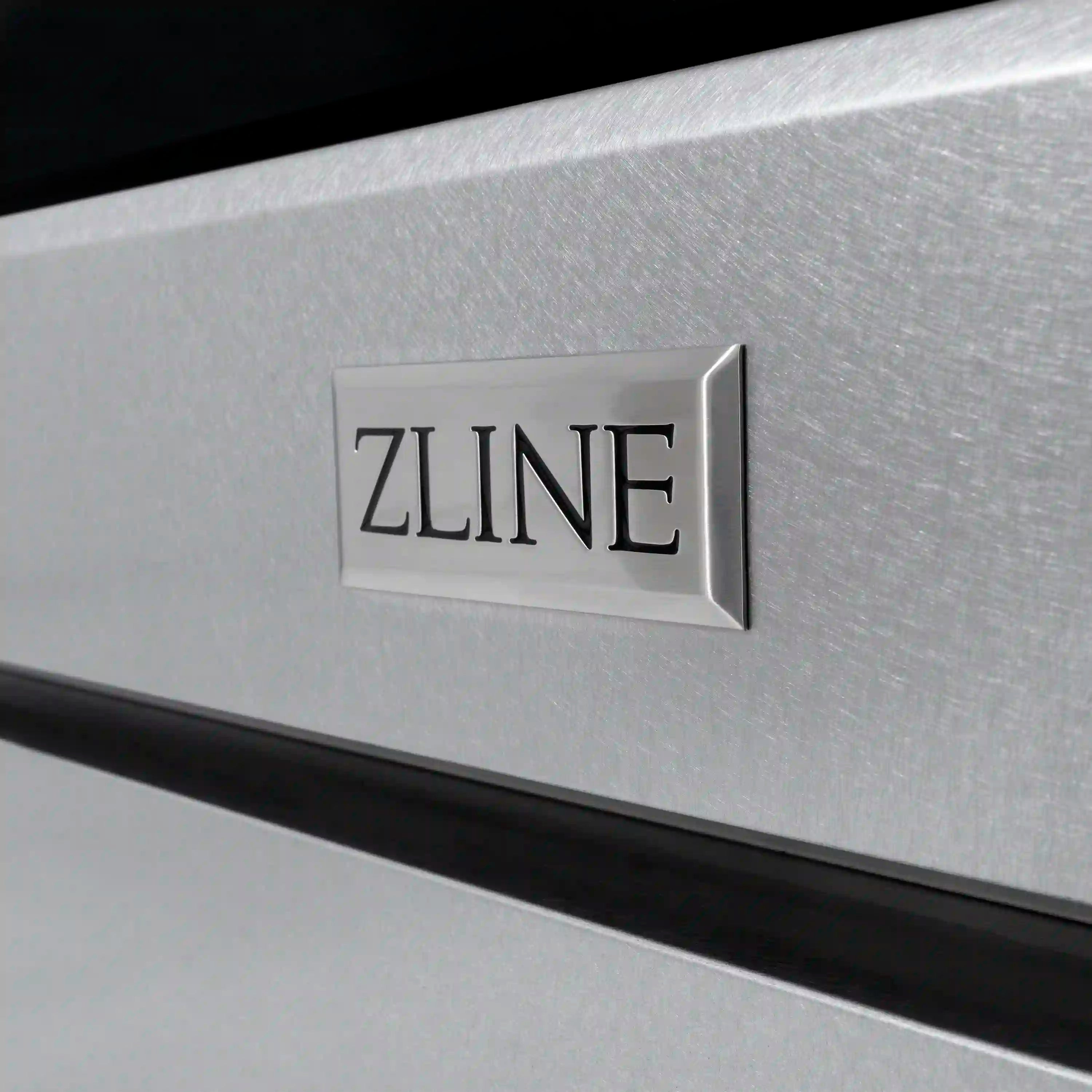 Satin stainless steel range door with ZLINE logo badge