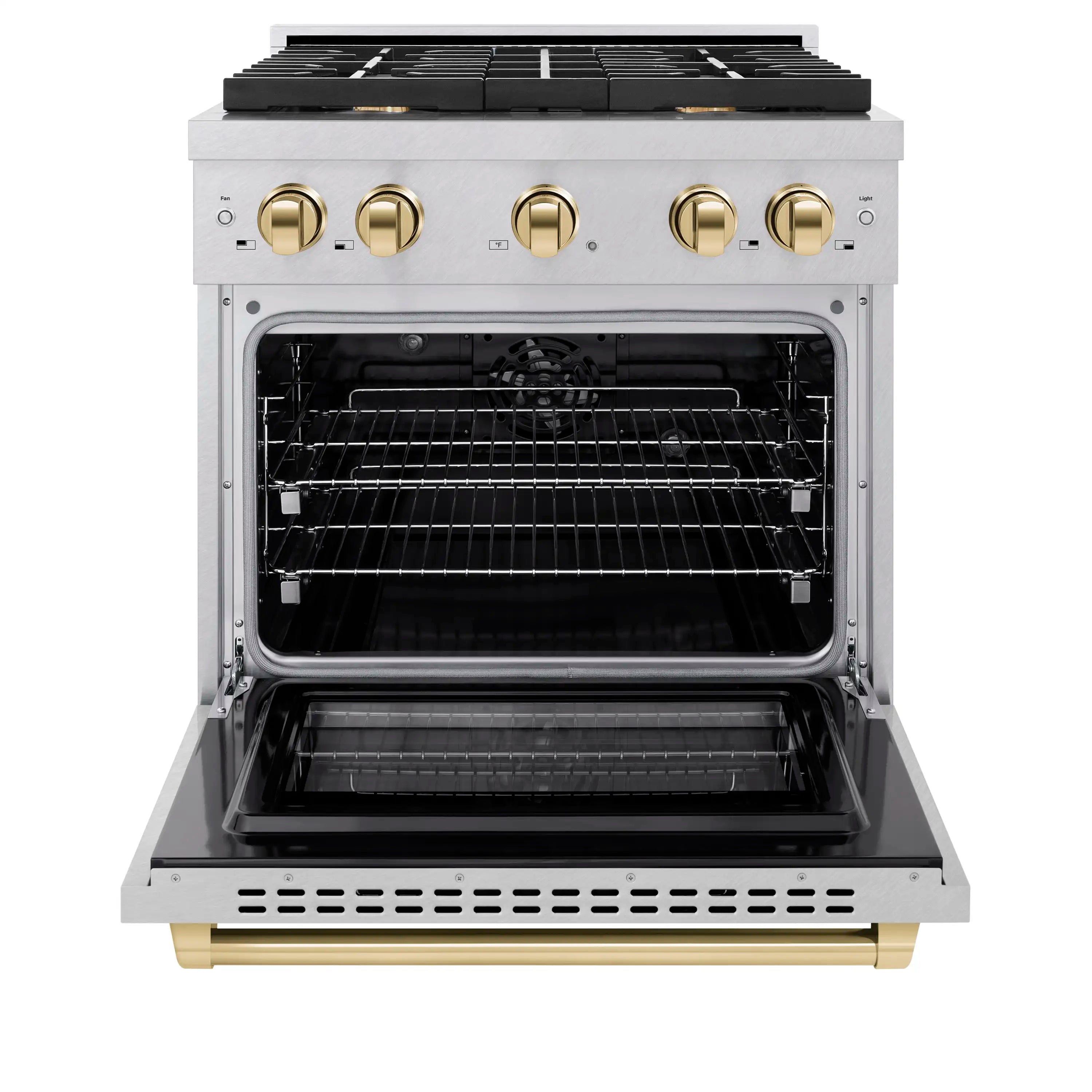Open electric convection oven with racks and satin stainless steel door