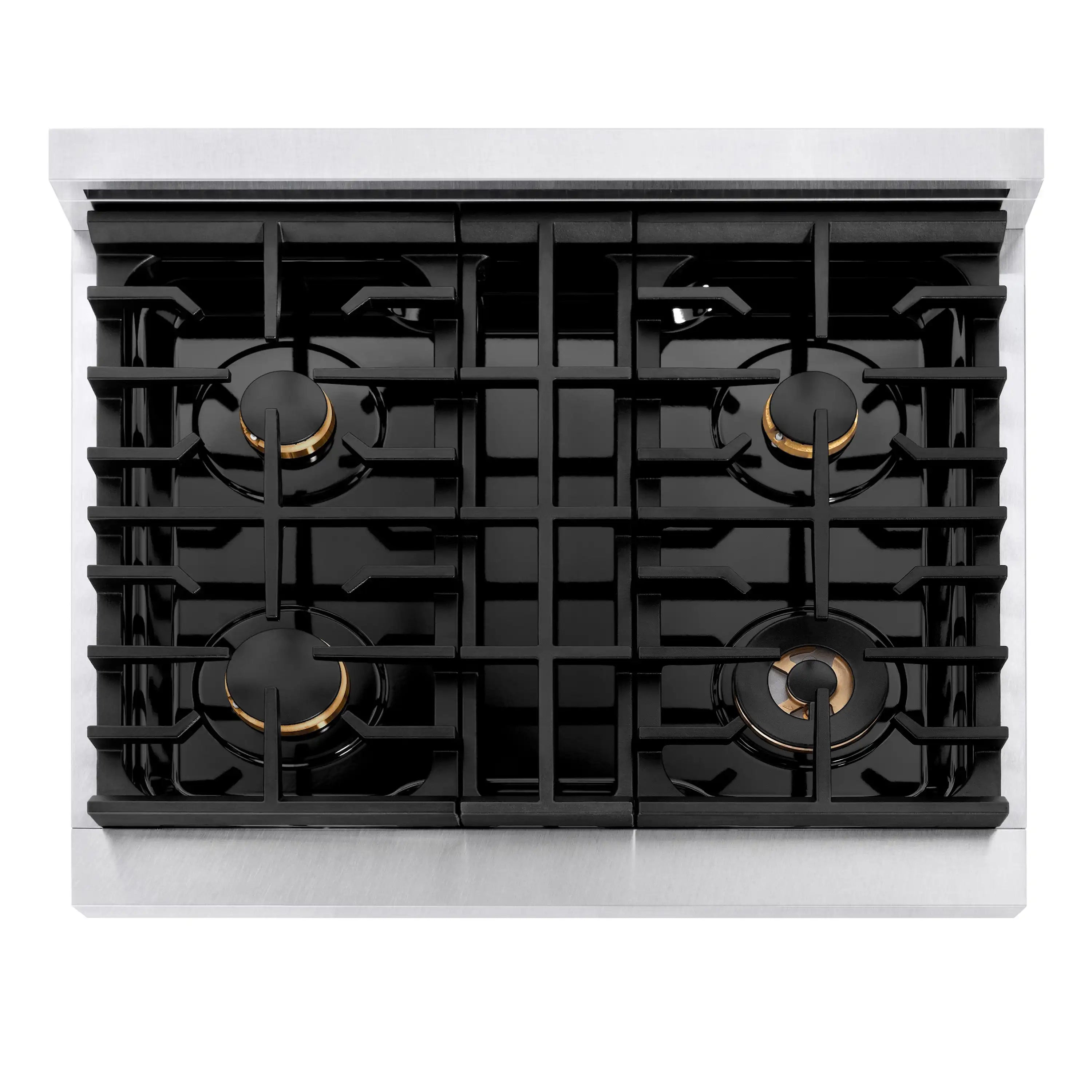 Four-burner cooktop grate with gold-capped burner rings on satin stainless steel
