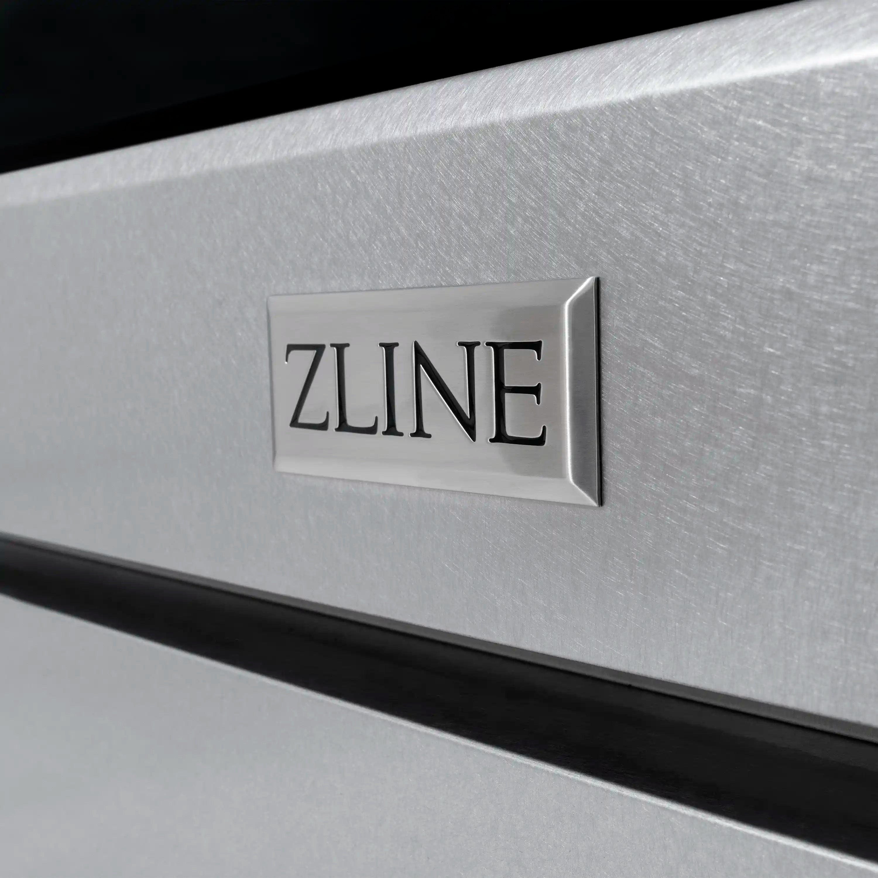 ZLINE range front panel with ZLINE logo in satin stainless steel