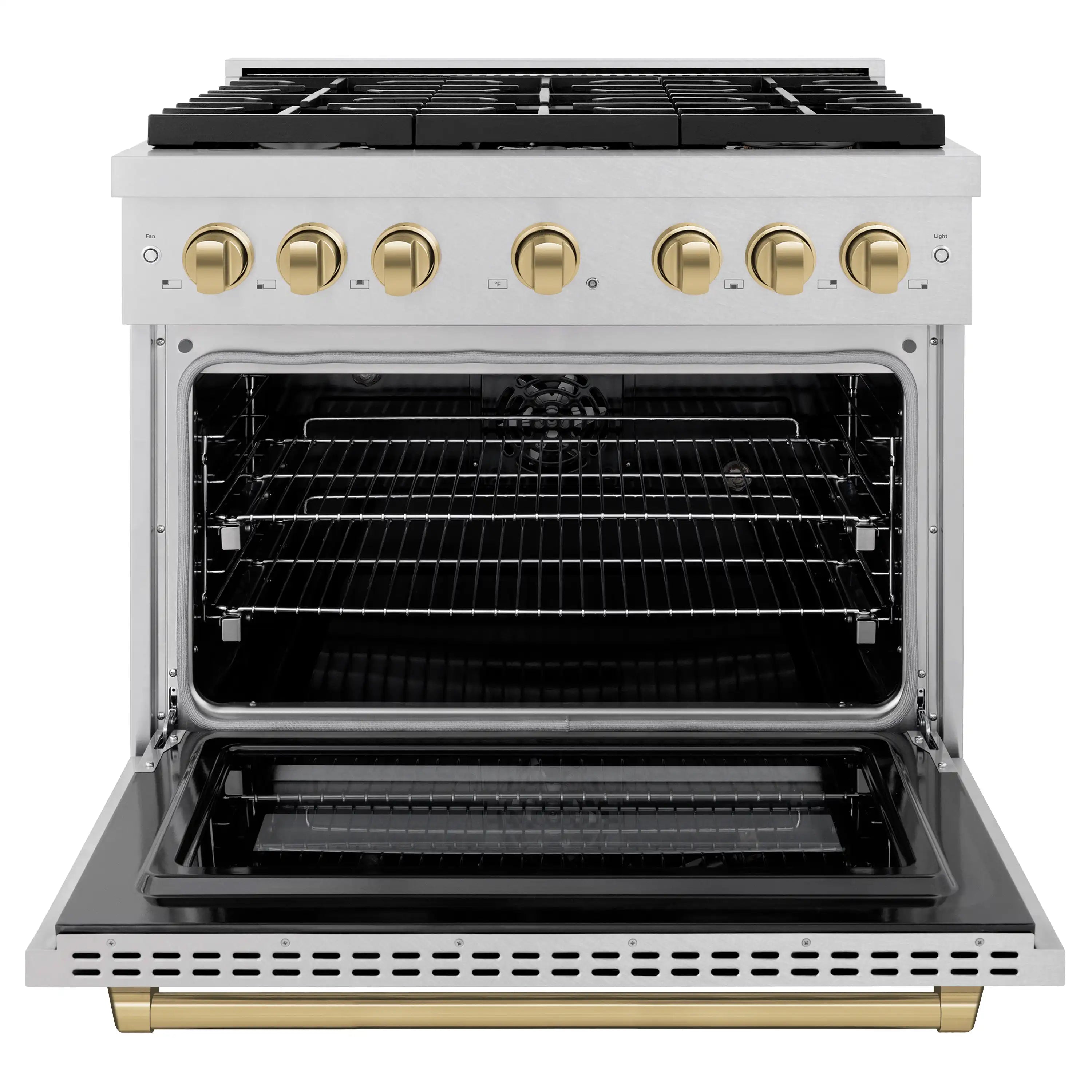 Open oven door on satin stainless steel dual fuel range with racks visible