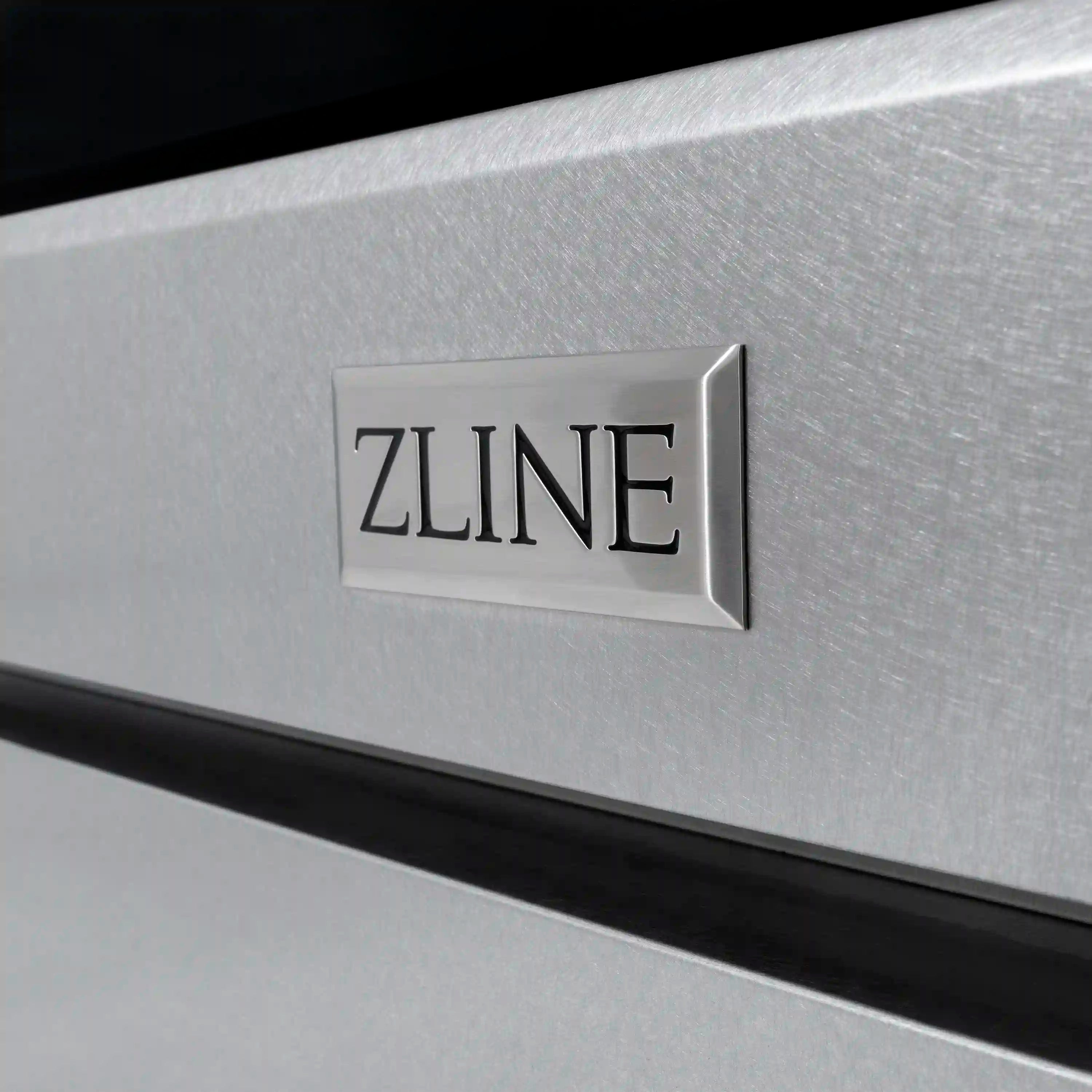 ZLINE satin stainless range front panel with ZLINE logo