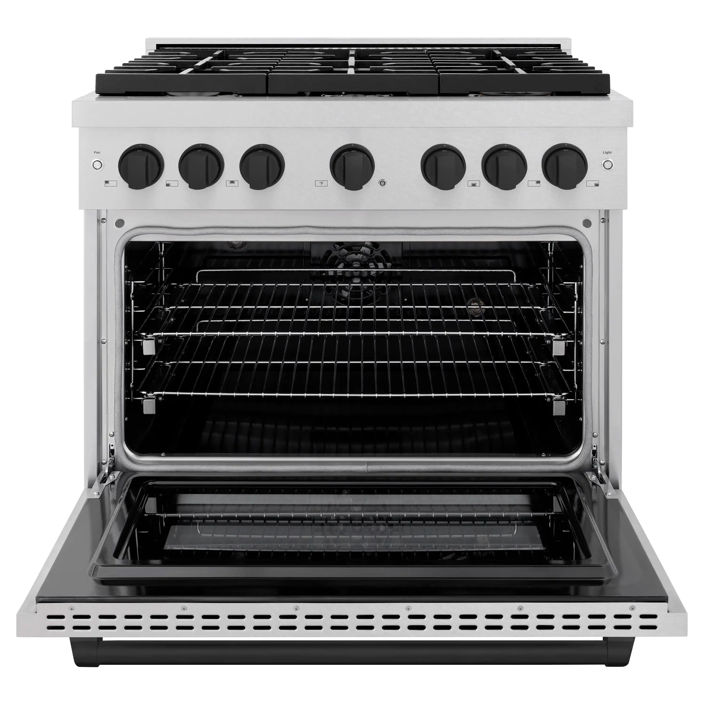 Open electric convection oven with racks inside a satin stainless steel dual fuel range