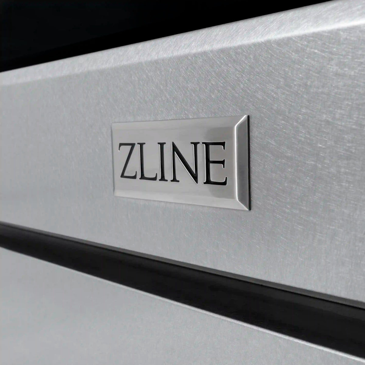 Satin stainless oven door panel with ZLINE logo badge