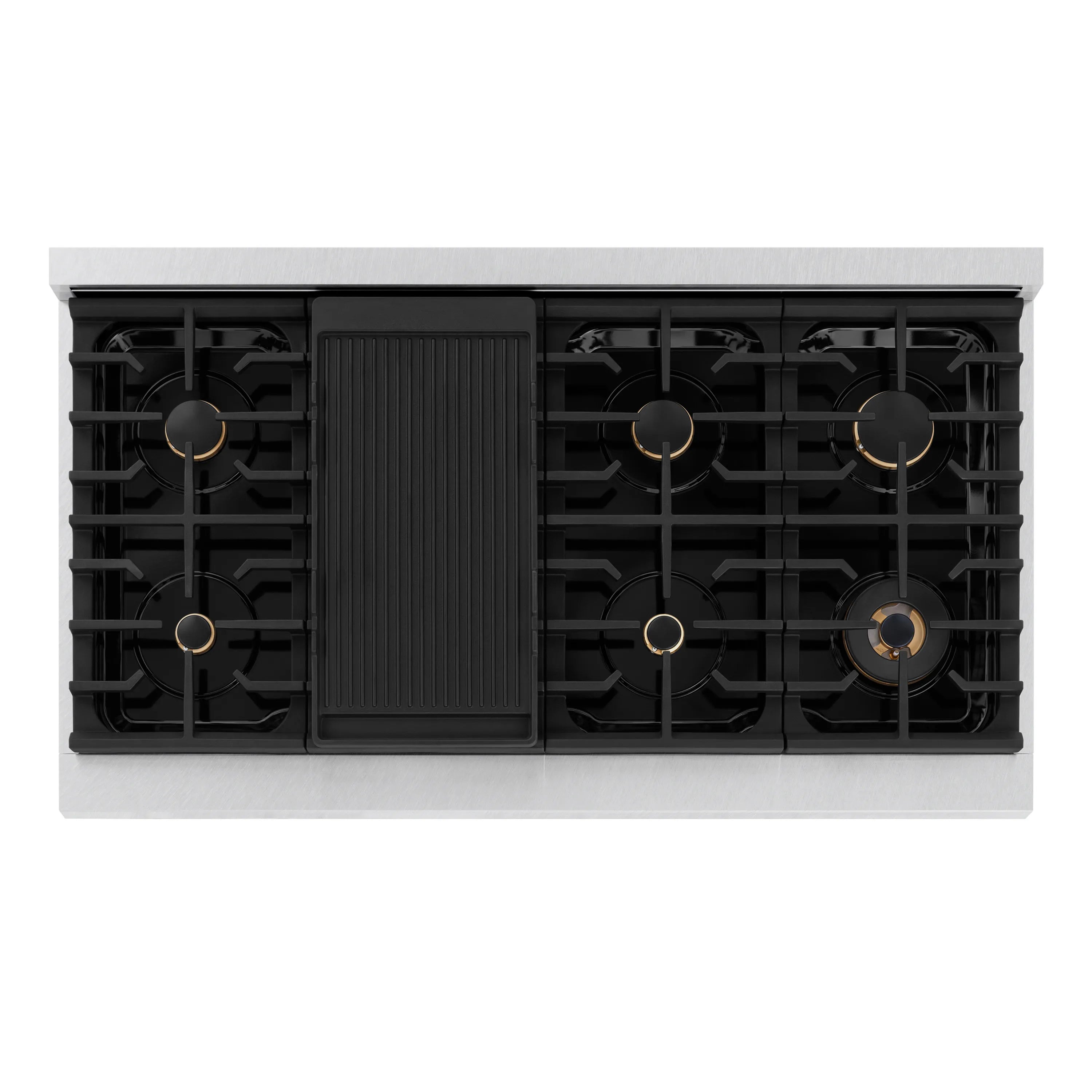 Cooktop with black burner grates, center panel, and bronze burner openings