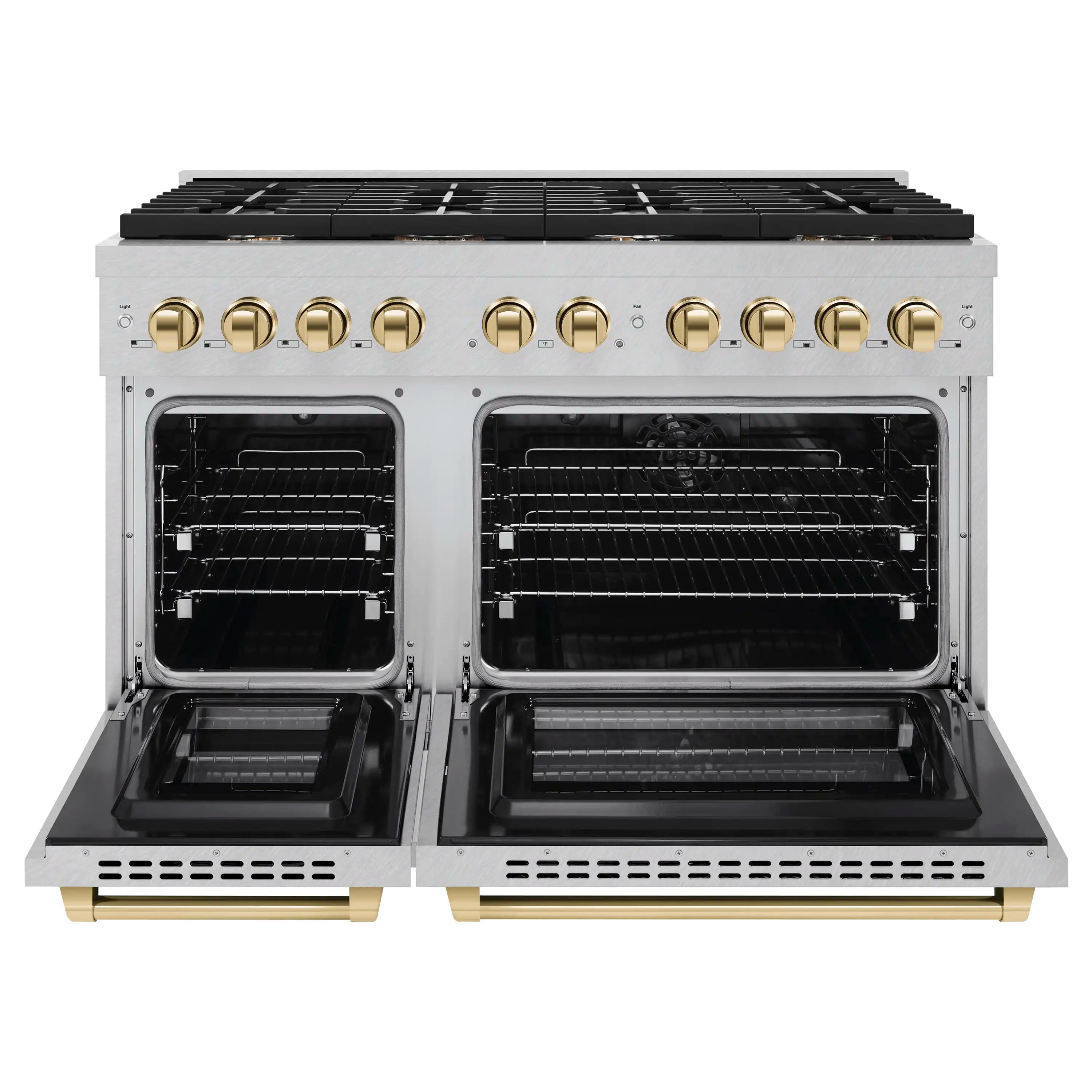 Open dual oven range front showing two black oven cavities and gold-trimmed doors