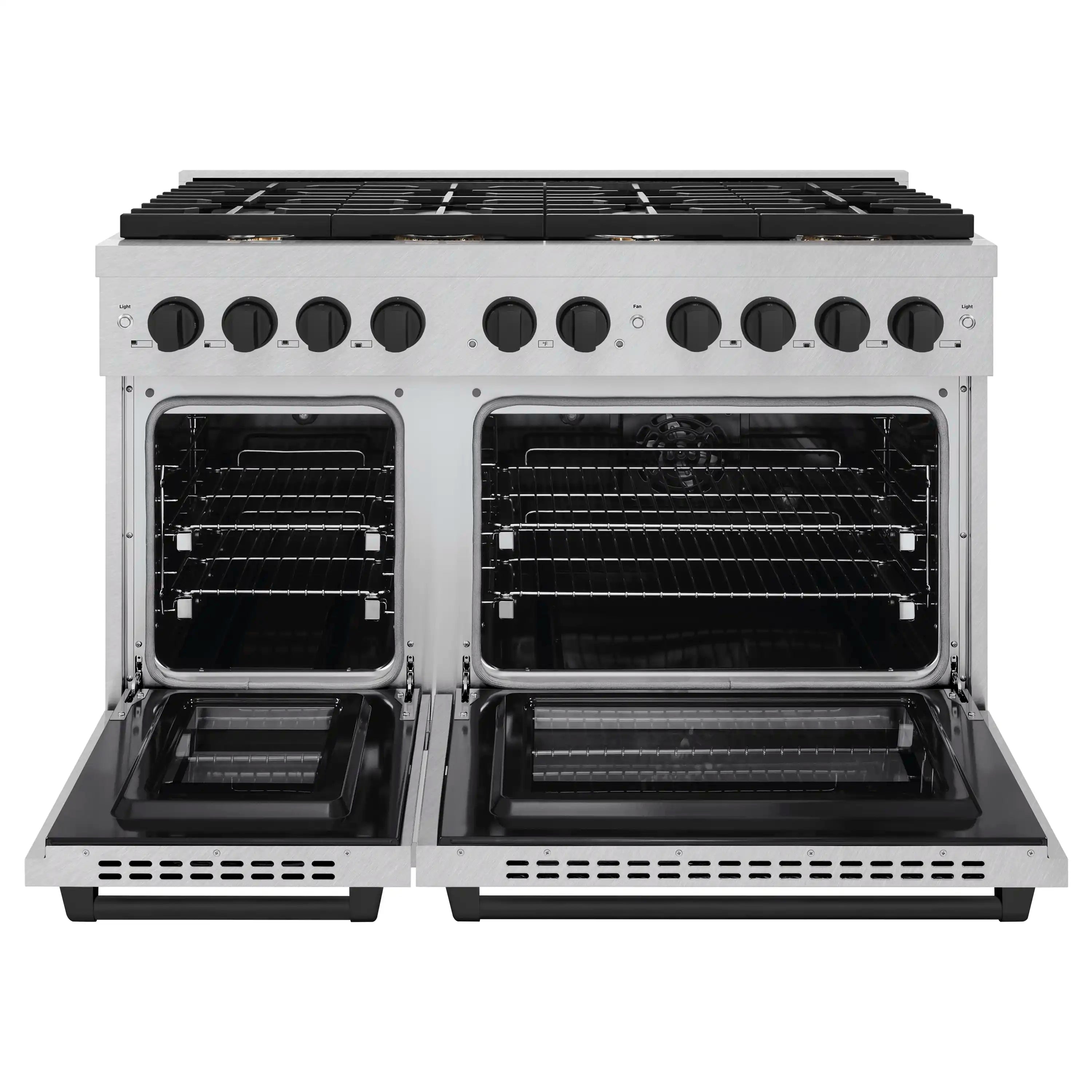 Dual-fuel range with both oven doors open, showing two black oven interiors and racks.