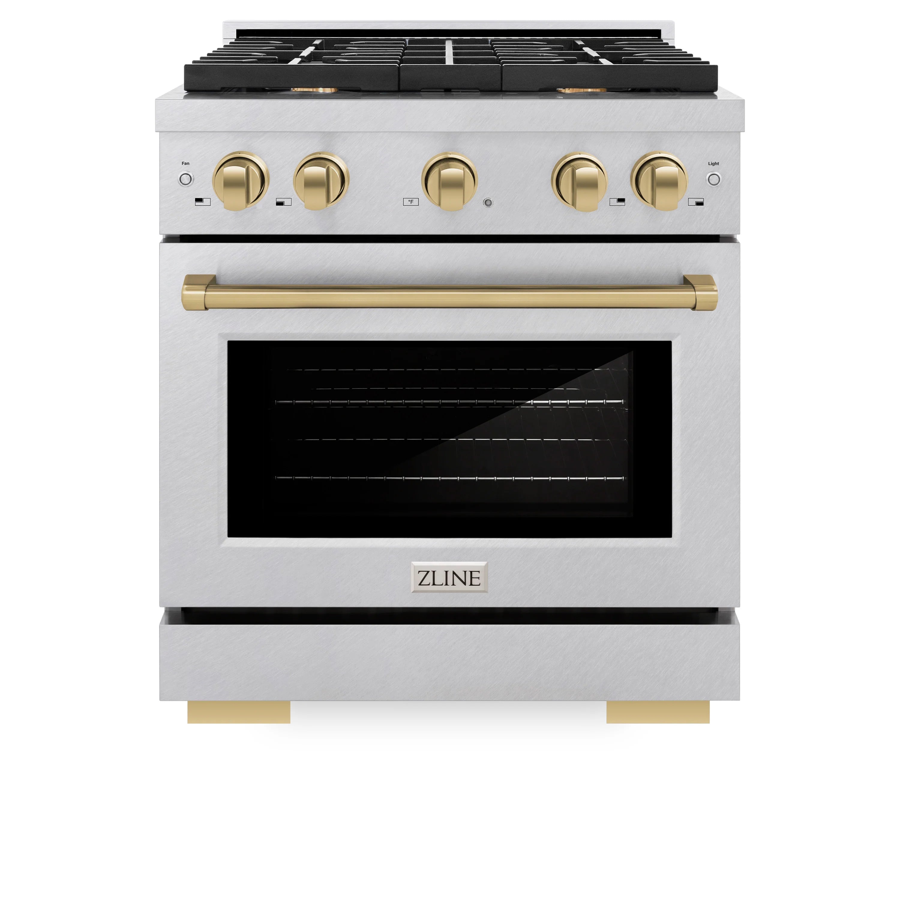 Stainless gas range with champagne bronze handle, control knobs, and black glass oven door