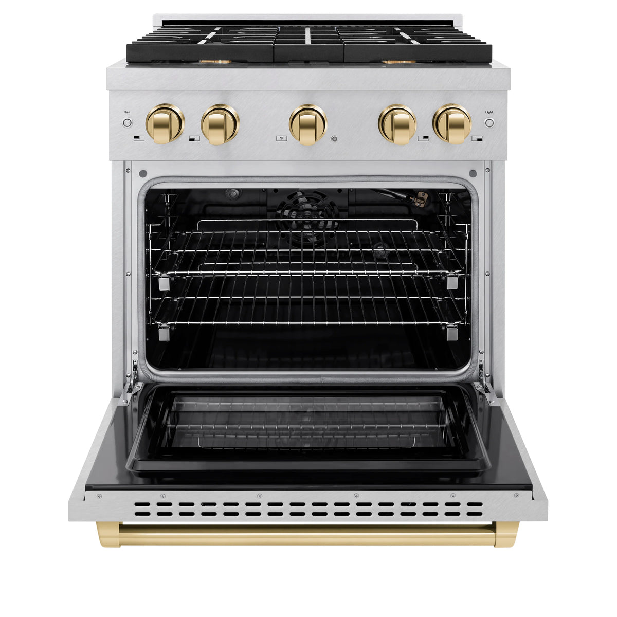 Open convection oven with wire racks and stainless interior