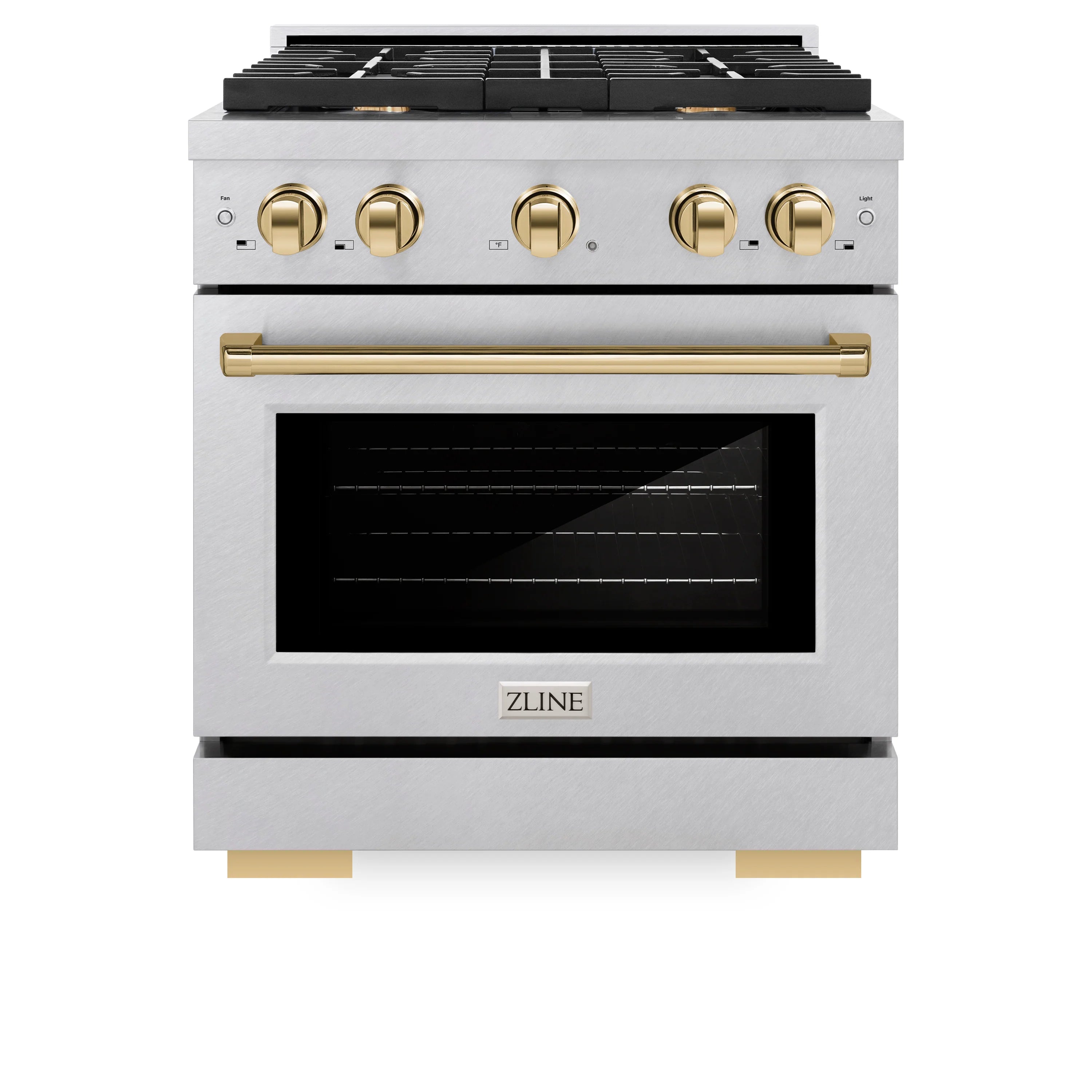 Stainless steel gas range with gold knobs and oven door handle, front view