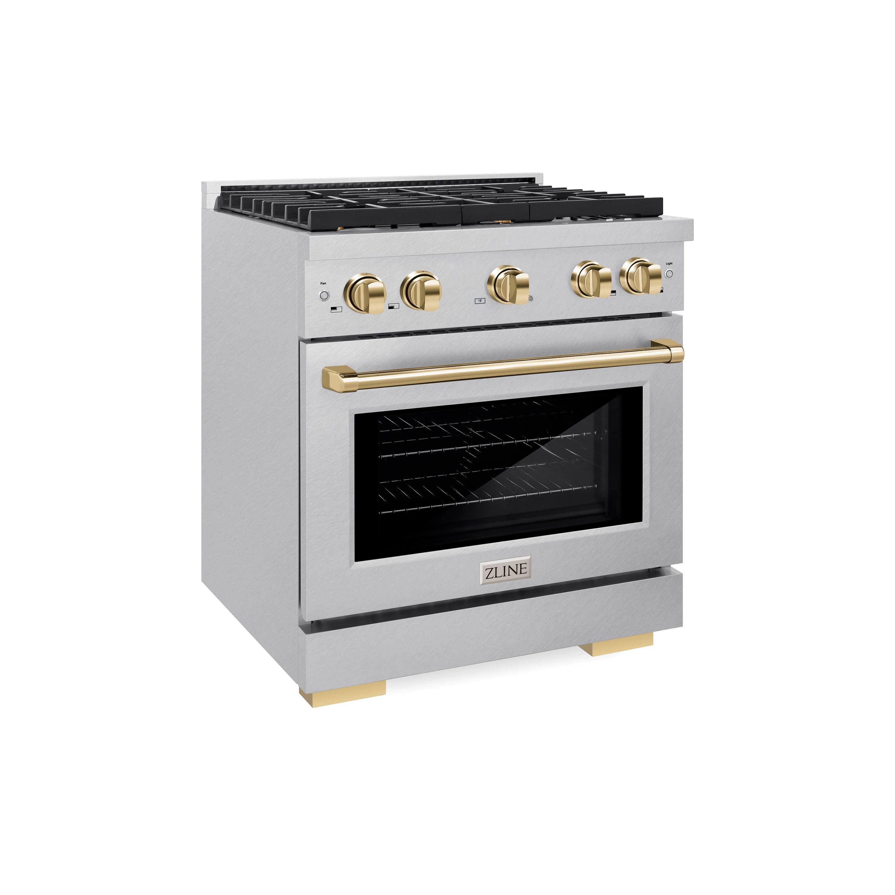 Stainless steel gas range with gold accents and oven door window