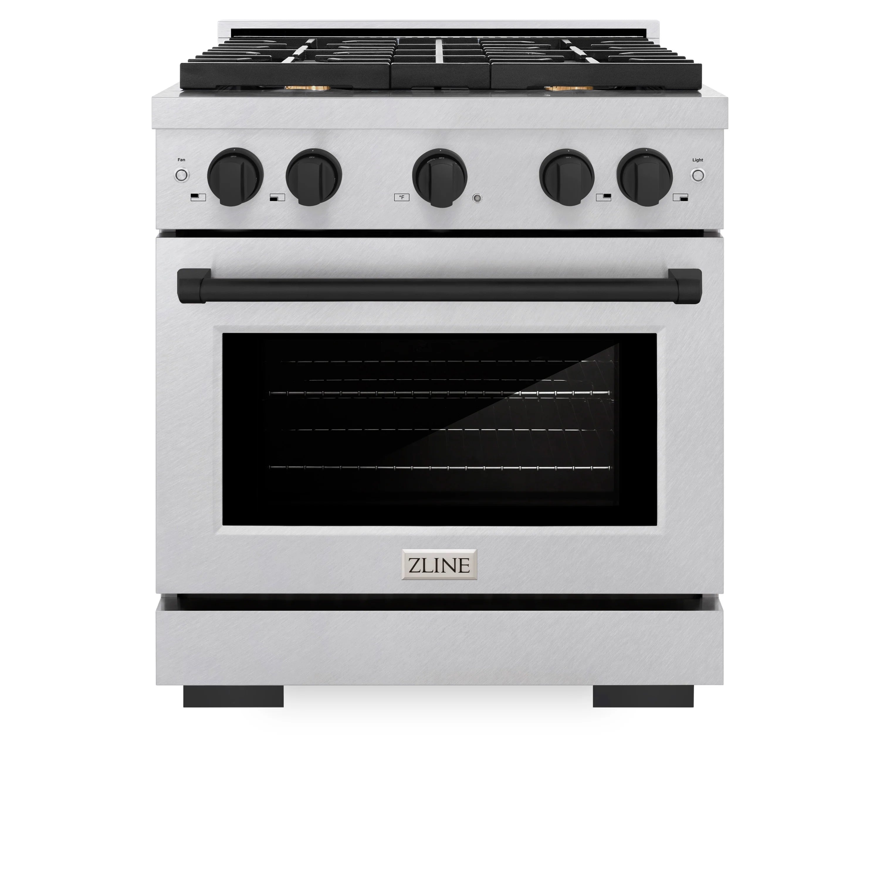 Gas range front view with matte black knobs and control panel