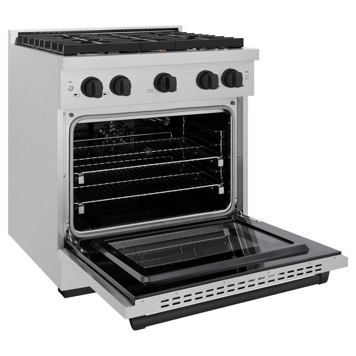 Gas range with oven door open and pull-out rack tray
