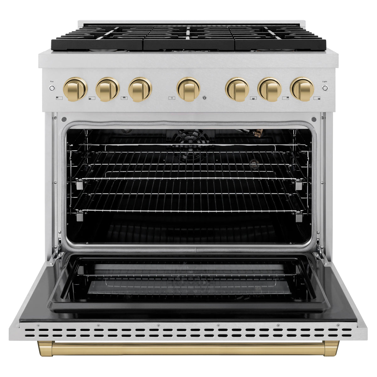 Gas oven door open showing racks and interior bake cavity in satin stainless steel