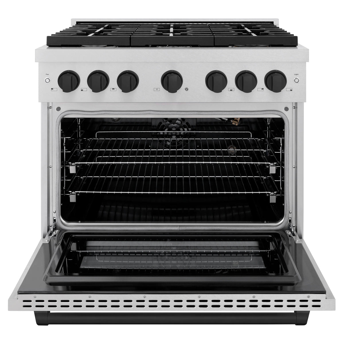 Gas convection oven with open door, chrome racks, and black interior lining