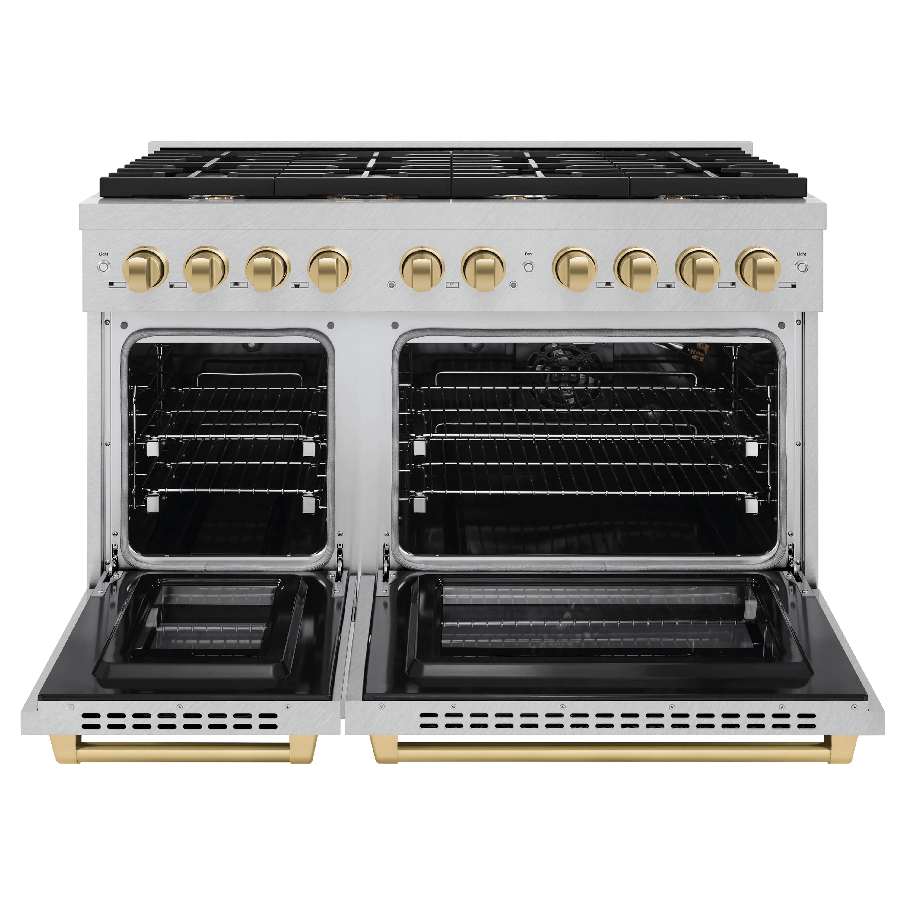 Satin stainless gas range with black cooktop grates and two open oven doors