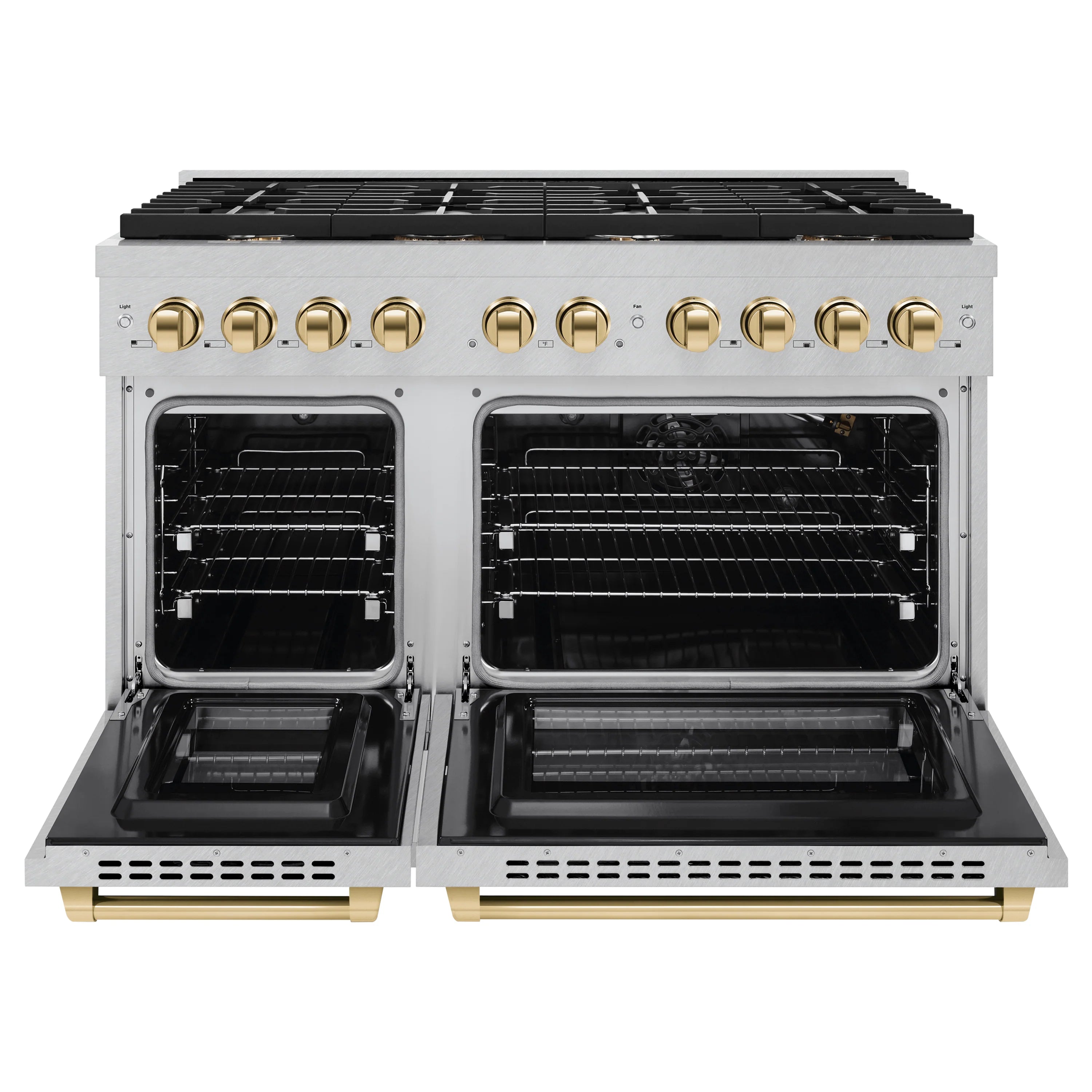 Stainless gas range with both oven doors open, showing racks and black burner grates