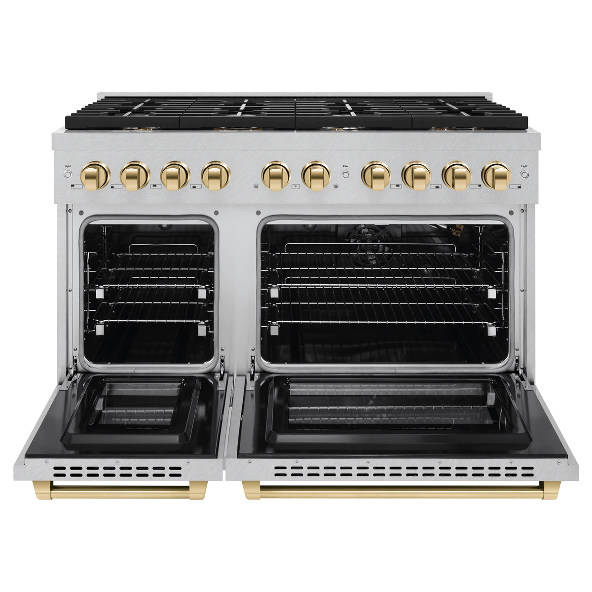 Stainless steel gas range with open double ovens and gold-trimmed handles