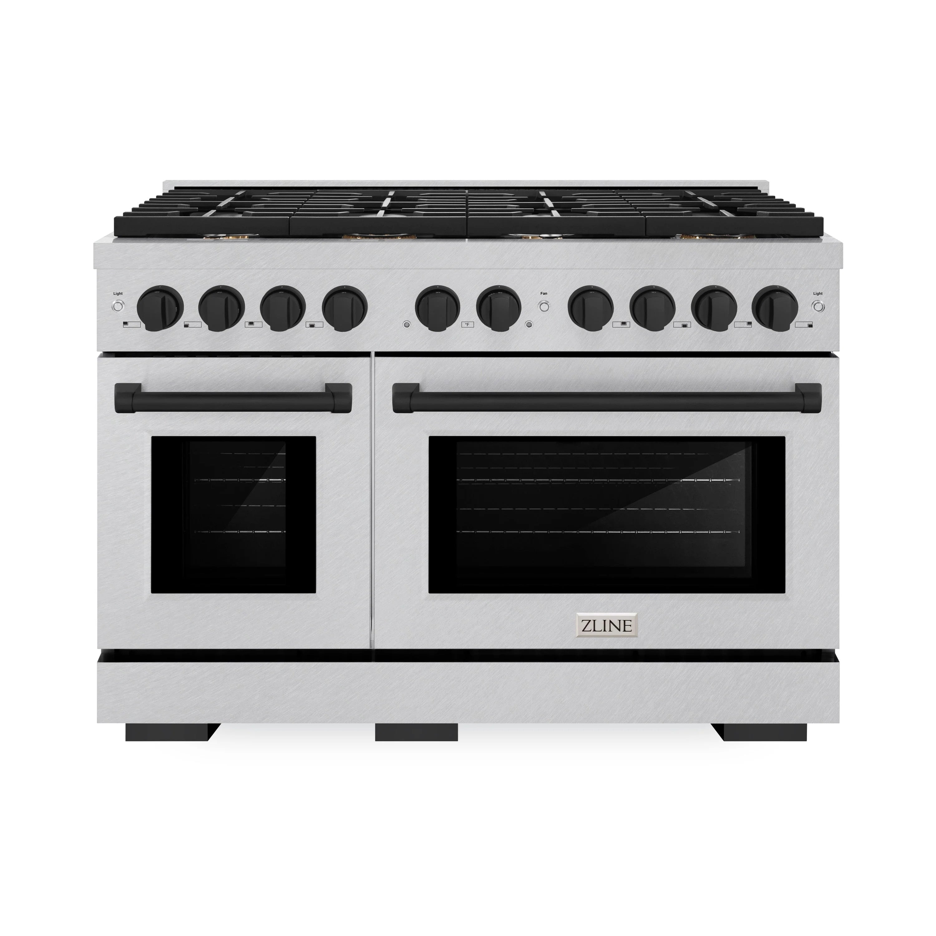 Gas range with two ovens and black control knobs on satin stainless front