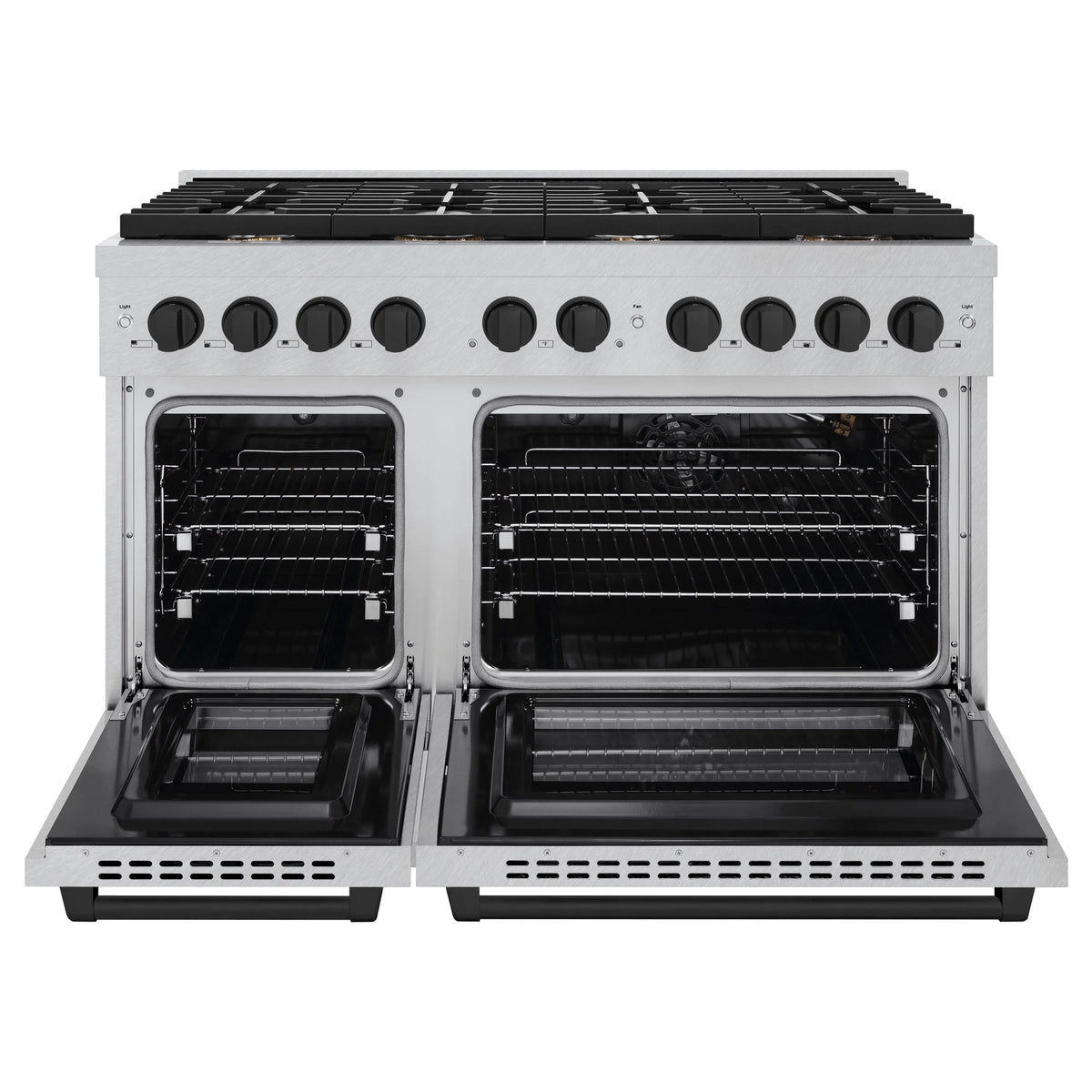 Stainless steel gas range with oven doors open, black grates and burner controls