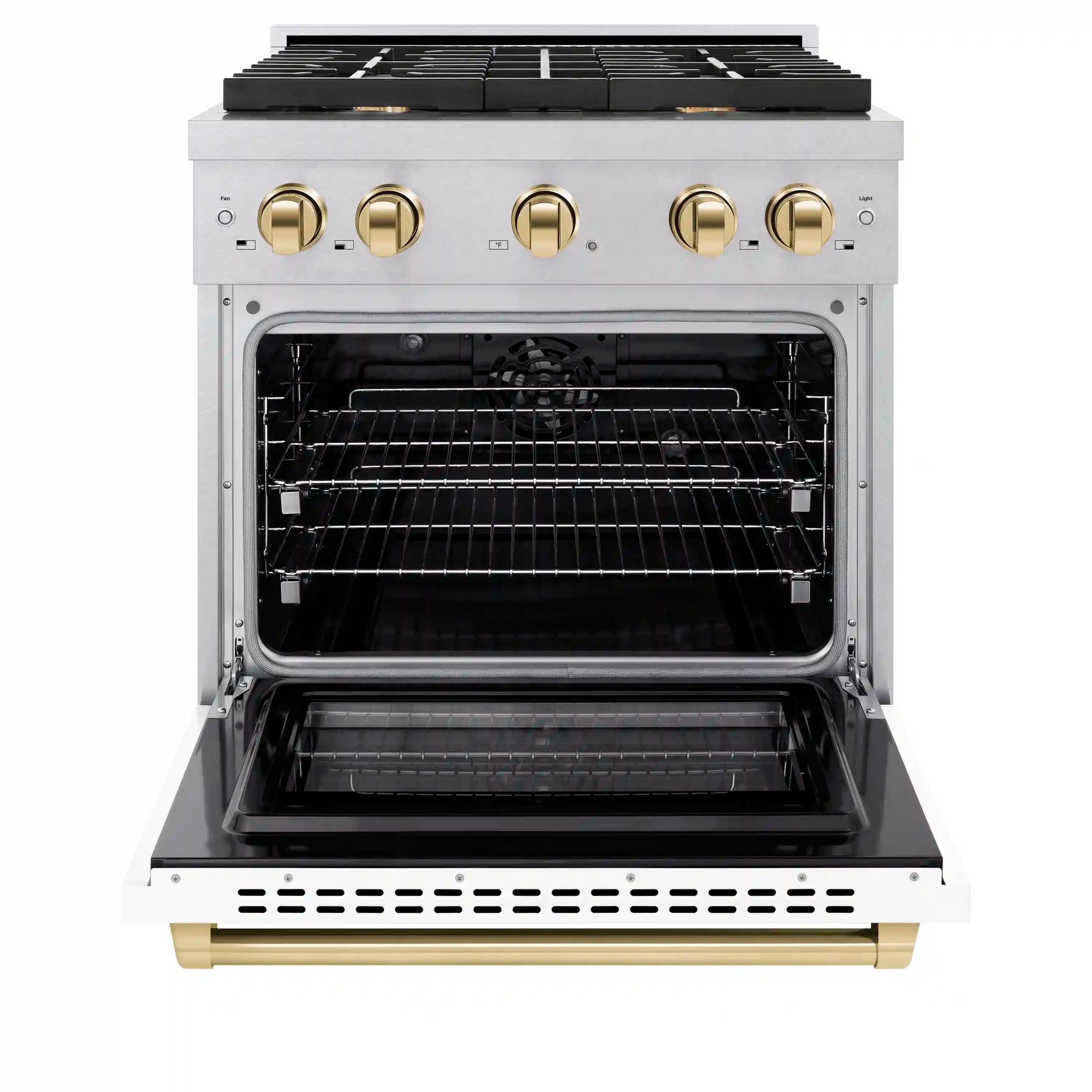 Open oven door showing oven racks inside the satin stainless steel range